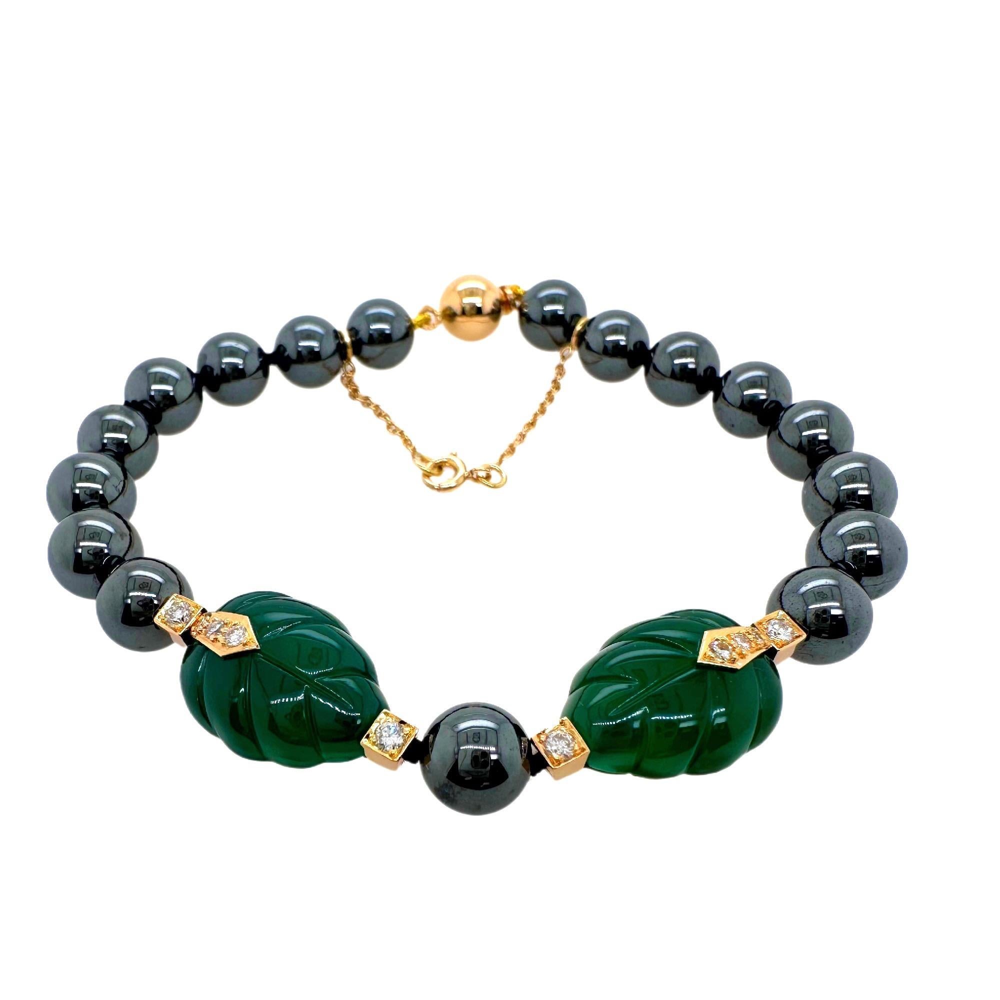 Cartier Patiala Hematite Beads with Carved Green Chalcedony Leaves Bracelet YG For Sale 4