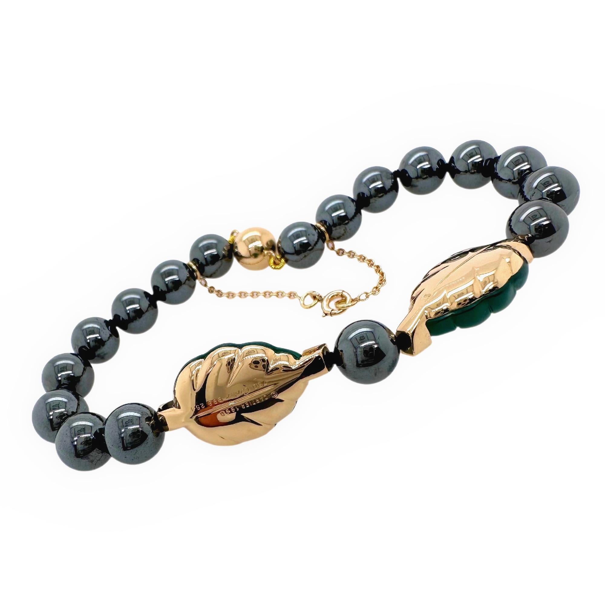 Women's or Men's Cartier Patiala Hematite Beads with Carved Green Chalcedony Leaves Bracelet YG For Sale