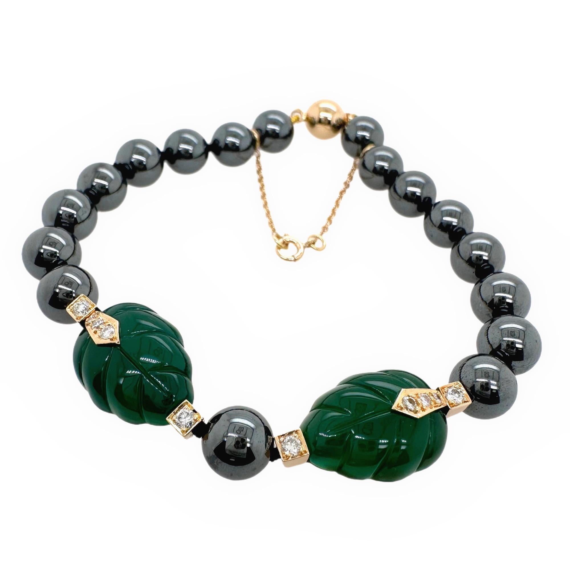 Cartier Patiala Hematite Beads with Carved Green Chalcedony Leaves Bracelet YG For Sale 1