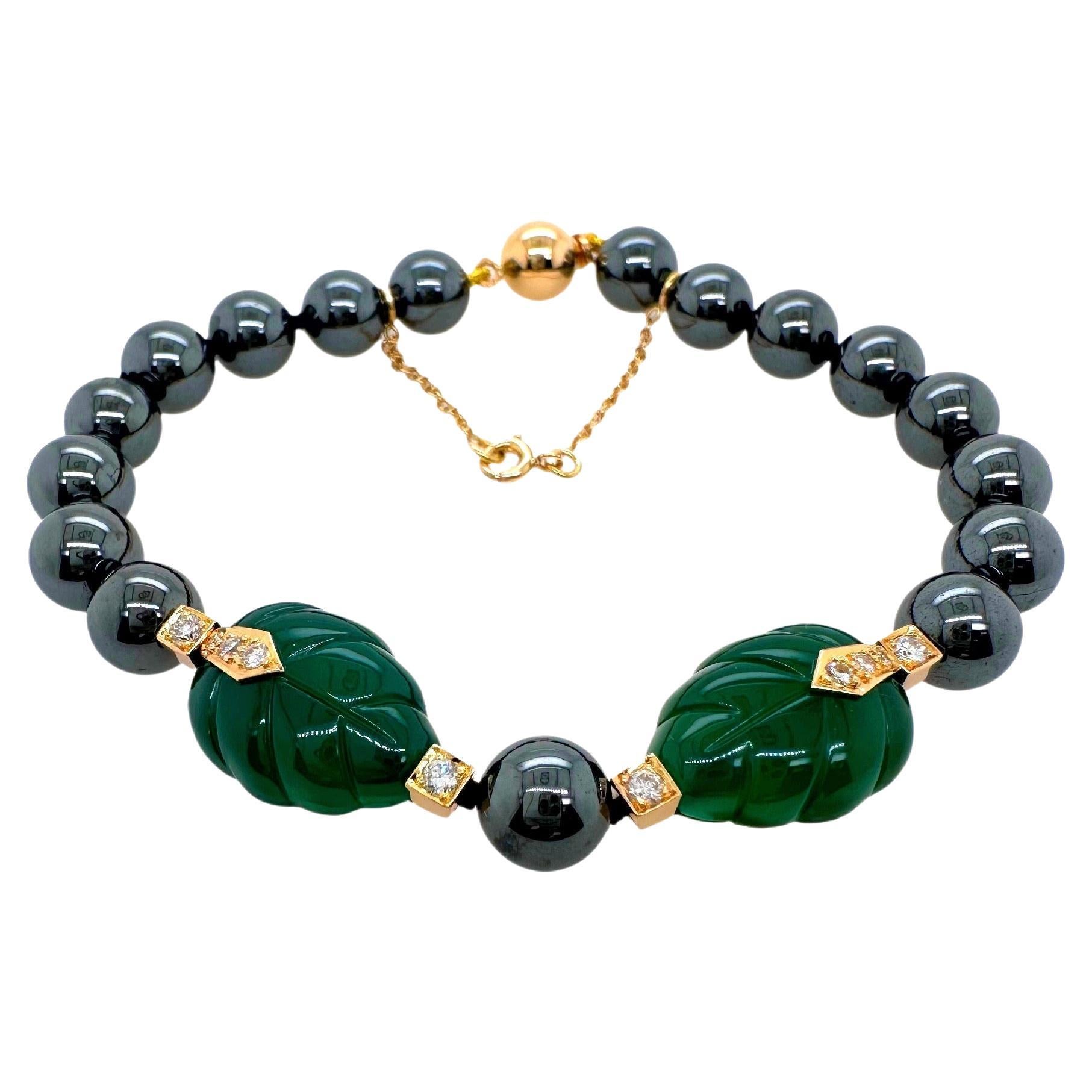 Cartier Patiala Hematite Beads with Carved Green Chalcedony Leaves Bracelet YG For Sale