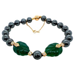 Cartier Patiala Hematite Beads with Carved Green Chalcedony Leaves Bracelet YG
