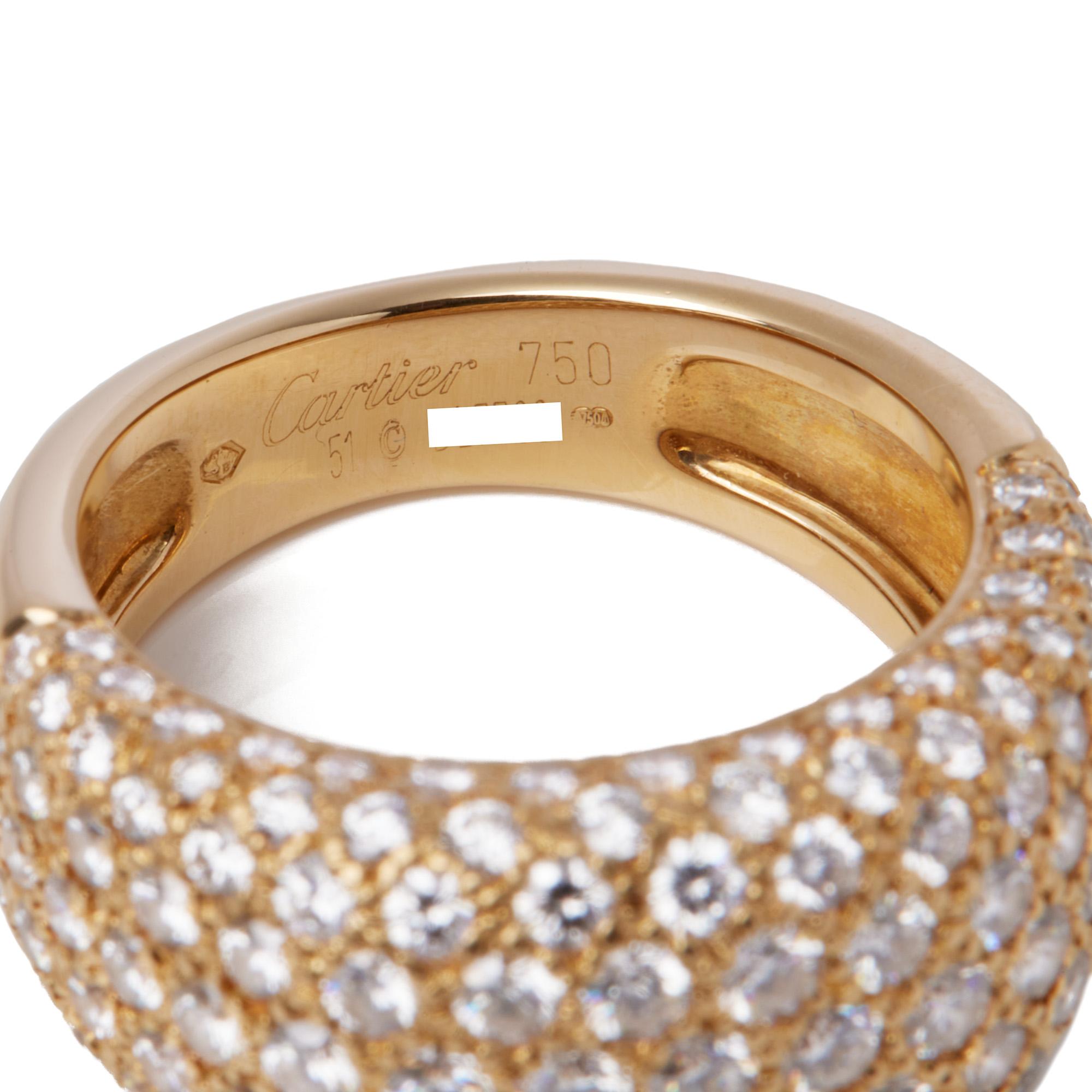 Round Cut Cartier Pave Diamond 18ct Yellow Gold Bombe Style Ring For Sale