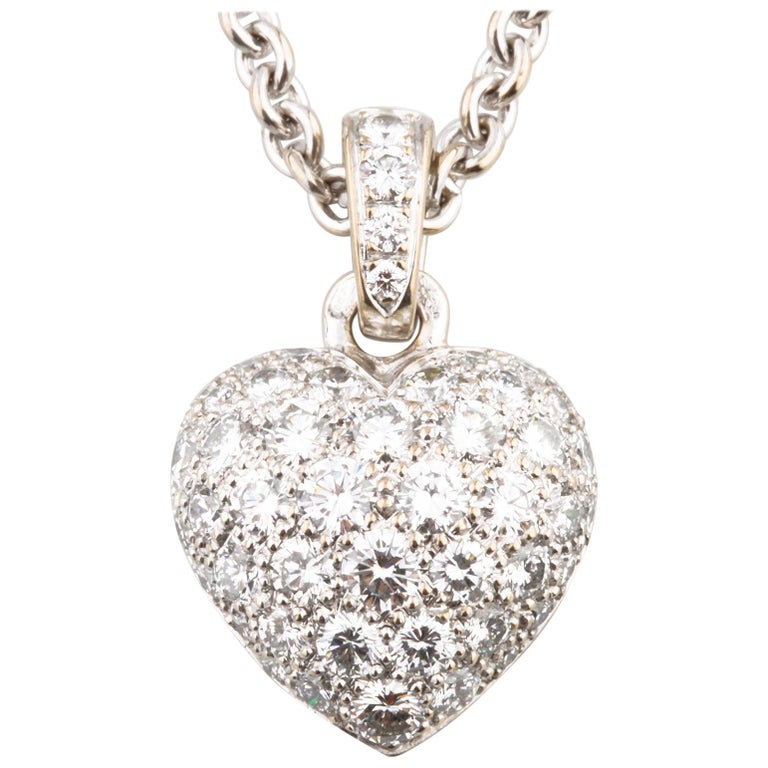 Cartier Pave Diamond 18 Karat White Gold Heart Pendant Necklace at 1stDibs