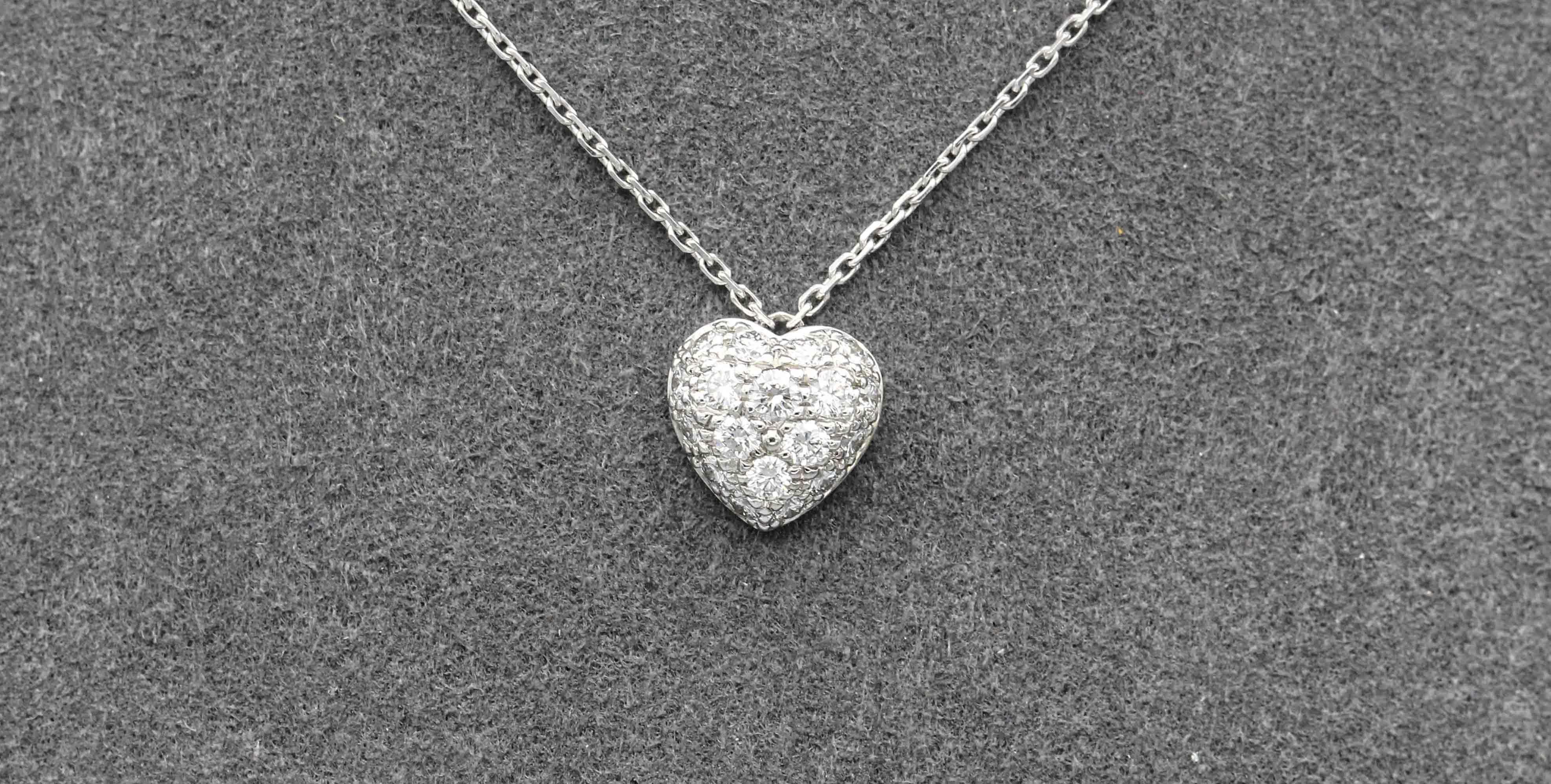 Brilliant Cut Cartier Pave Diamond 18k White Gold Heart Shaped Pendant Necklace For Sale