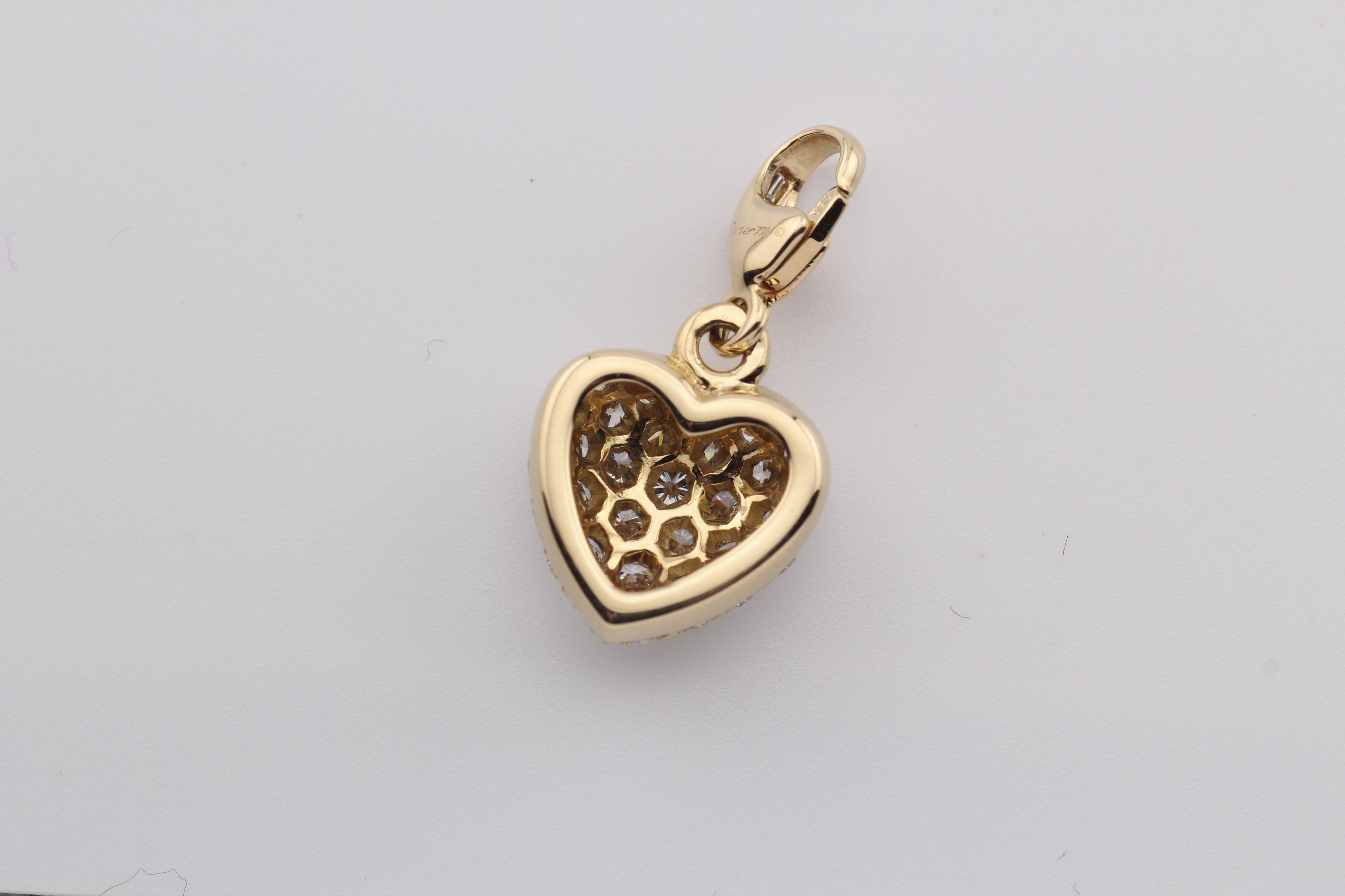 Cartier Pavé Diamond 18K Yellow Gold Heart Pendant Charm In Good Condition For Sale In Simpsonville, SC