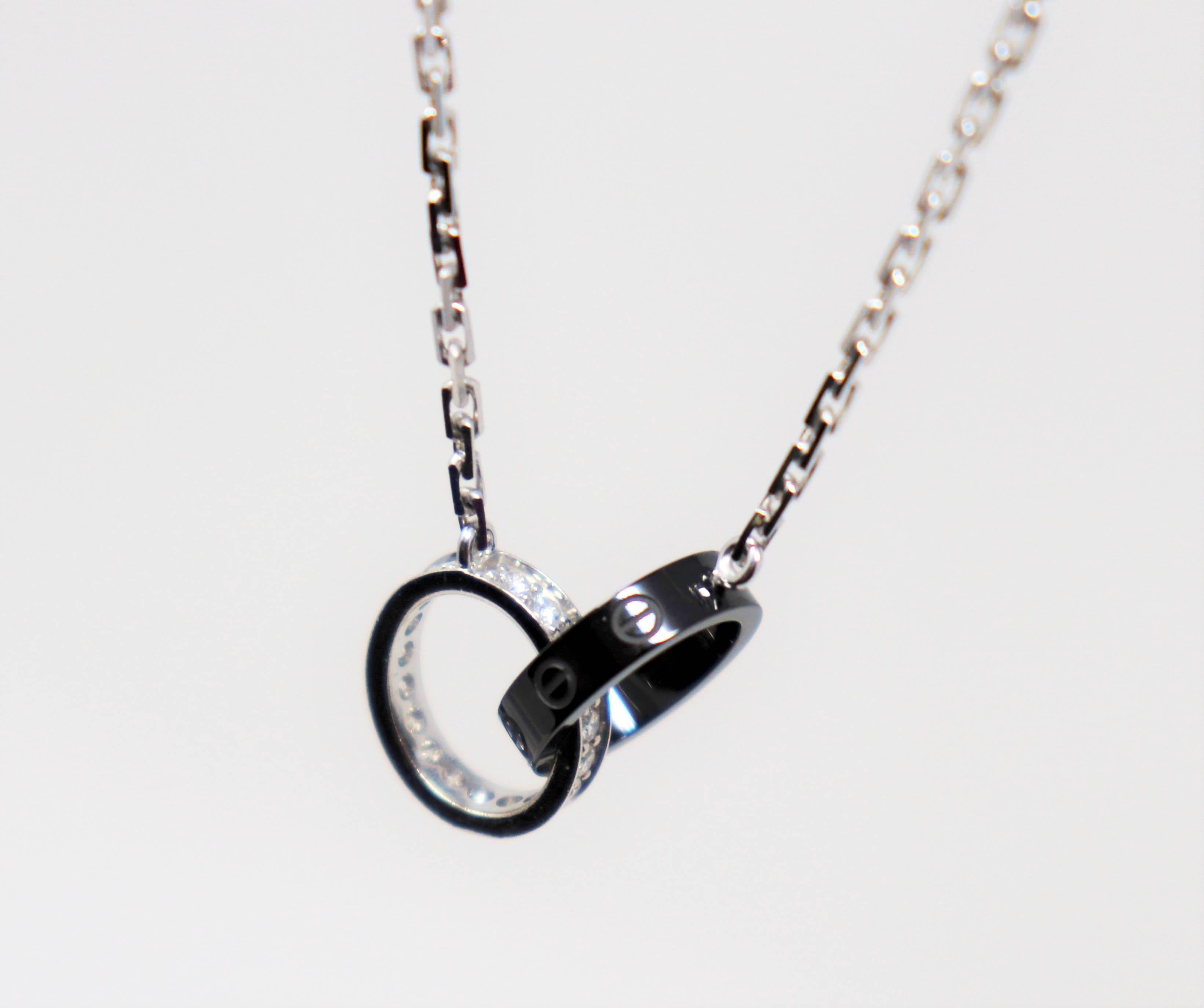Cartier Pave Diamond and Black Ceramic Baby Love Double Ring Pendant Necklace For Sale 1