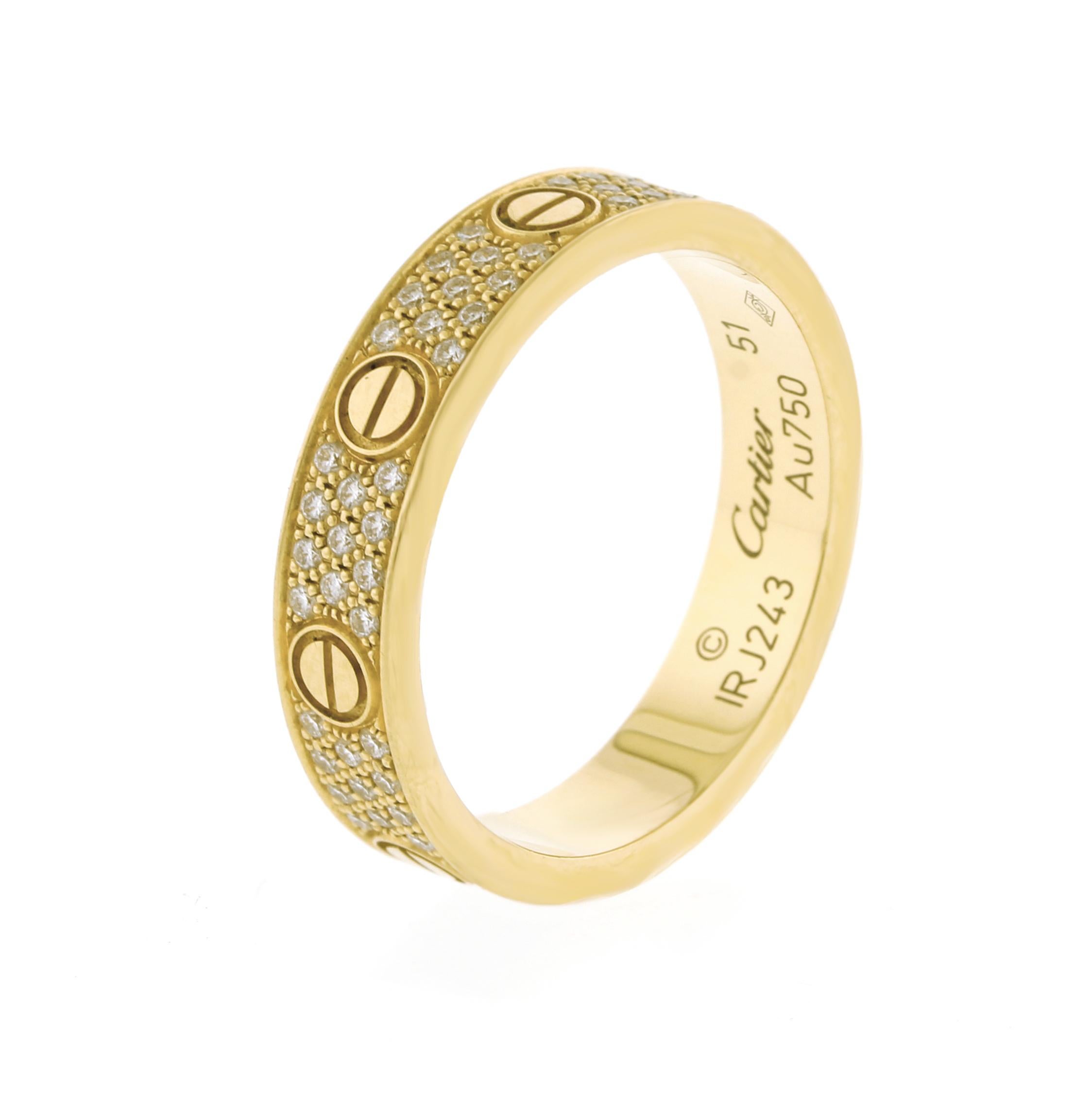 Love band, 18K yellow gold, set with 88 brilliant-cut diamonds totaling 0.31 carats. 4 mm width, size 51   5¾.  Never worn, in as new condition, purchased  December 2020 as a gift

 A child of 1970s New York, the LOVE collection remains today an