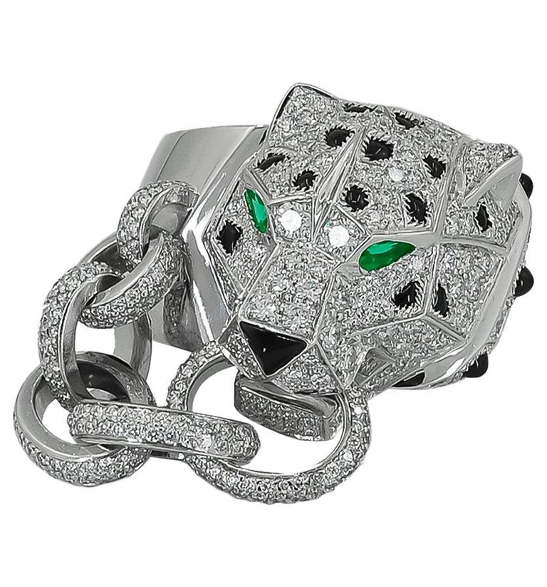 Cartier Pave Diamond Onyx Emerald Panther Head Motif Ring Cartier Pave Diamond Onyx Emerald Panther Head Motif Ring