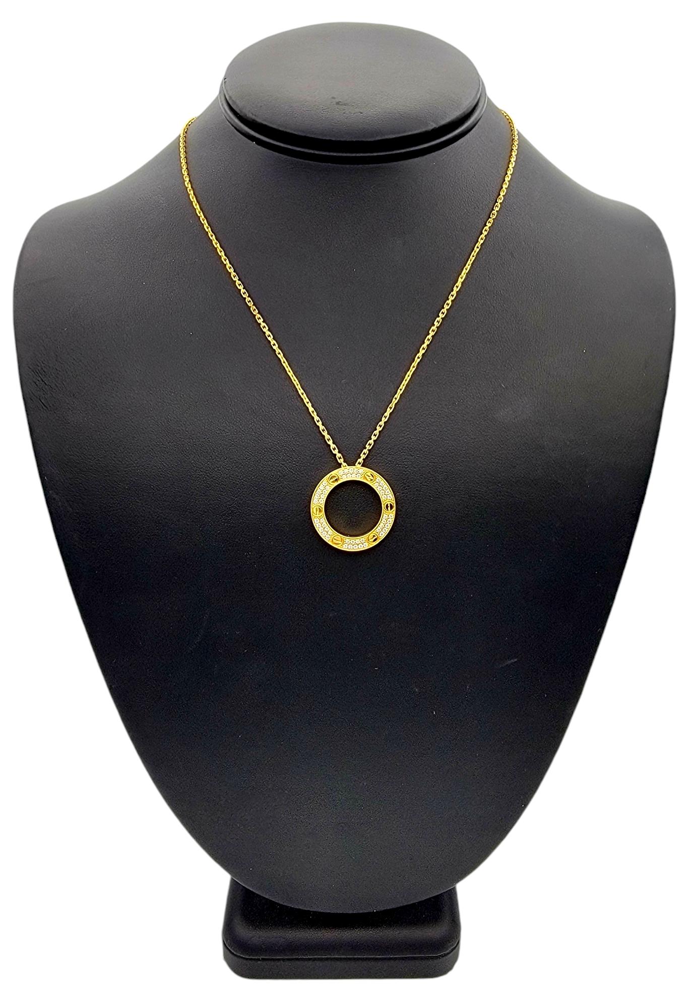Cartier Pavé Diamond Open Circle Love Pendant Necklace in 18 Karat Yellow Gold For Sale 4