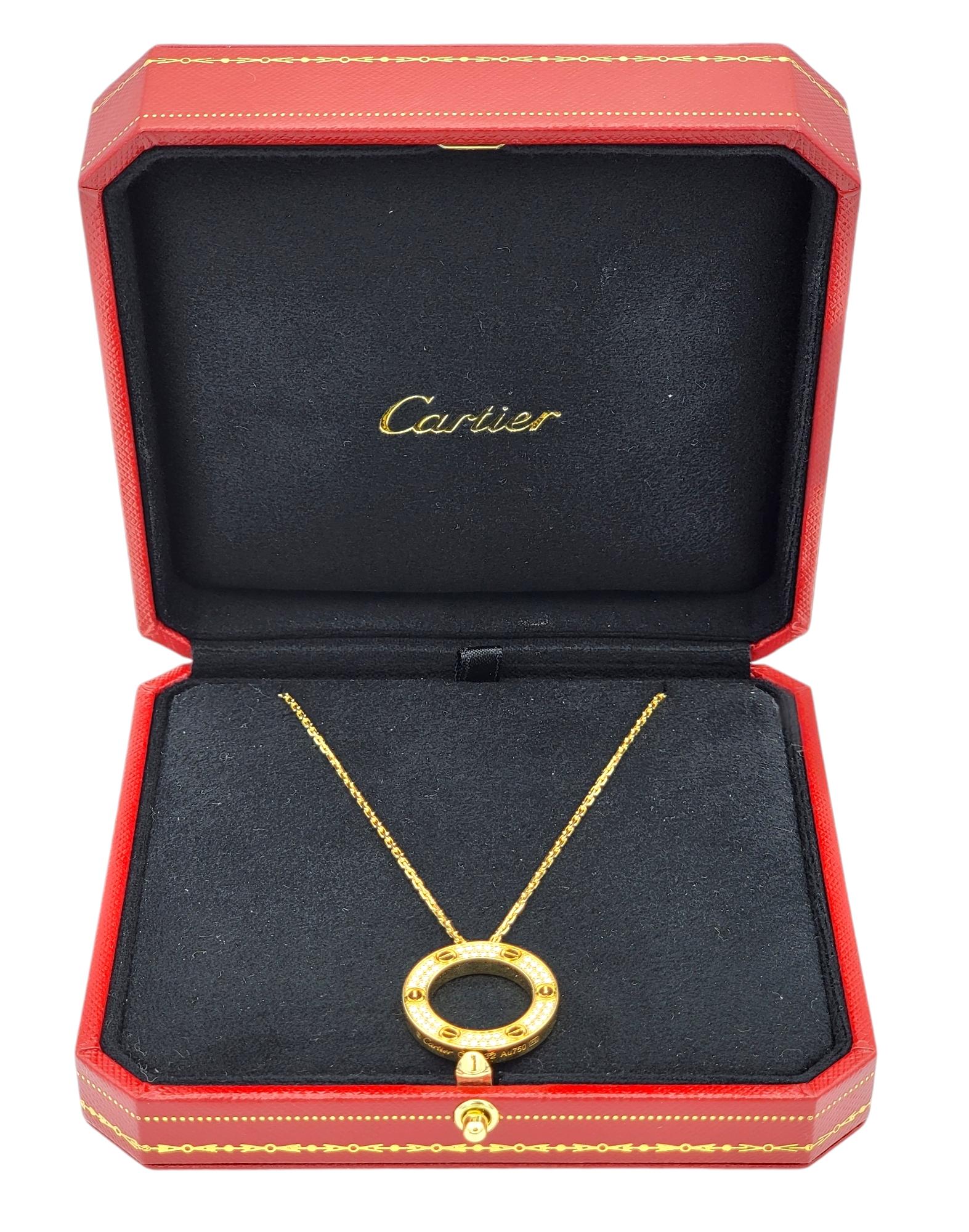 Cartier Pavé Diamond Open Circle Love Pendant Necklace in 18 Karat Yellow Gold For Sale 5