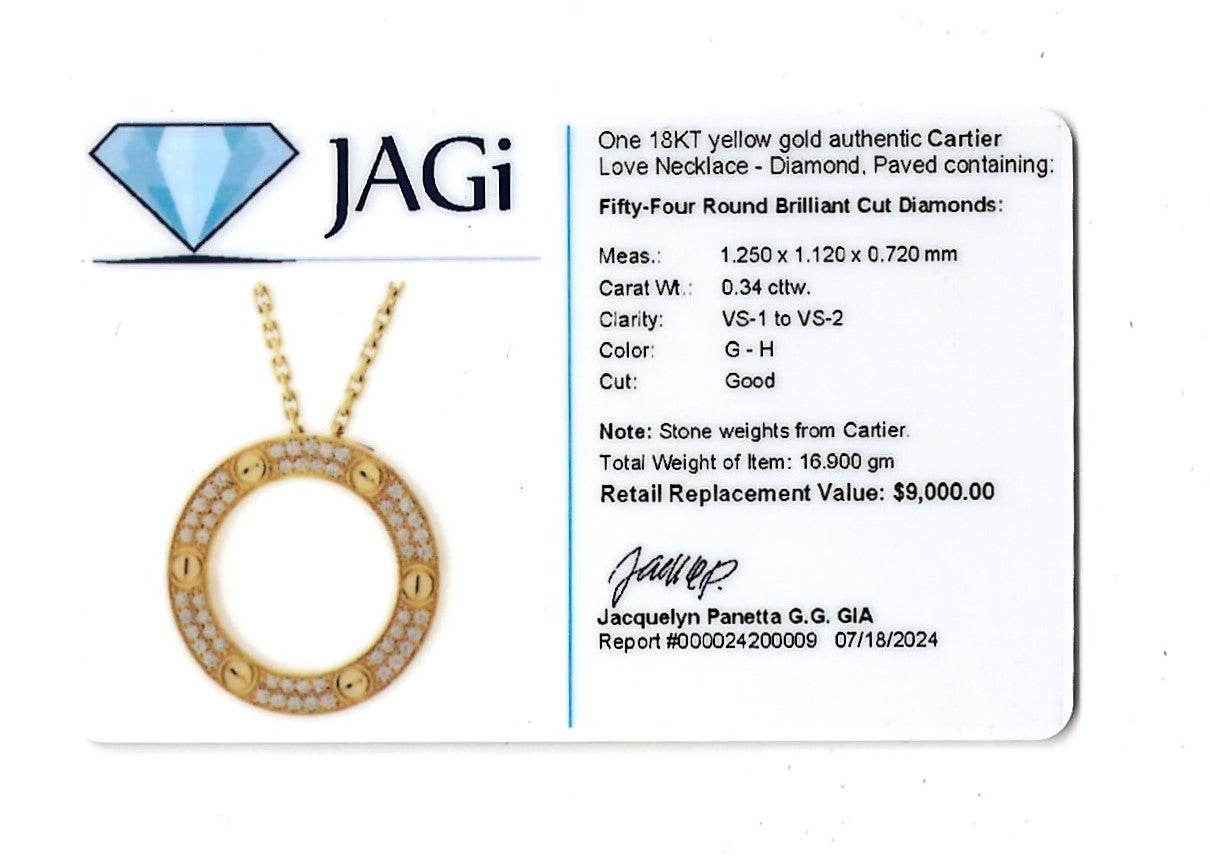 Cartier Pavé Diamond Open Circle Love Pendant Necklace in 18 Karat Yellow Gold For Sale 6