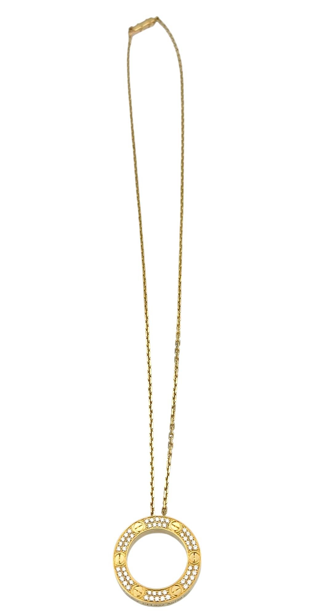Contemporary Cartier Pavé Diamond Open Circle Love Pendant Necklace in 18 Karat Yellow Gold For Sale