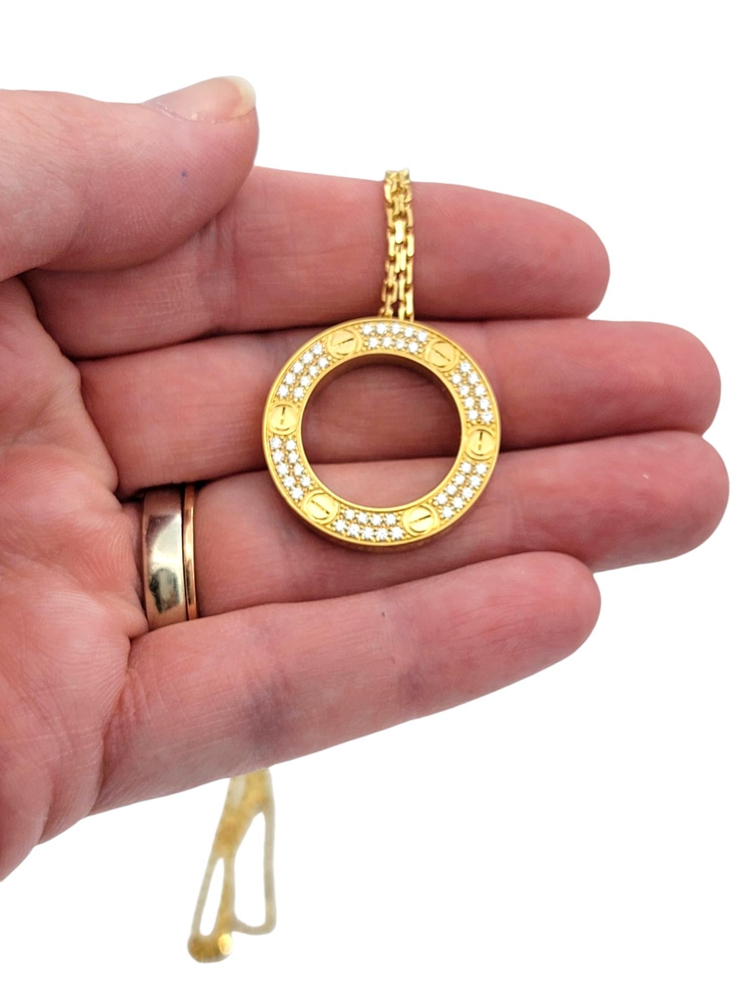 Cartier Pavé Diamond Open Circle Love Pendant Necklace in 18 Karat Yellow Gold For Sale 3