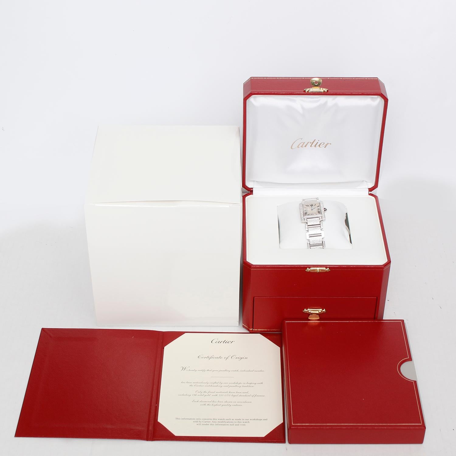 Women's Cartier Pave Diamond Tank Francaise 18k White Gold Midsize Watch WE1009SD
