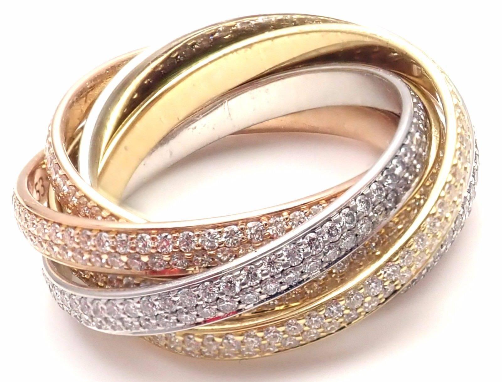 Cartier Pave Diamond Three-Color Gold Two for Trinity Six-Band Ring In New Condition In Holland, PA