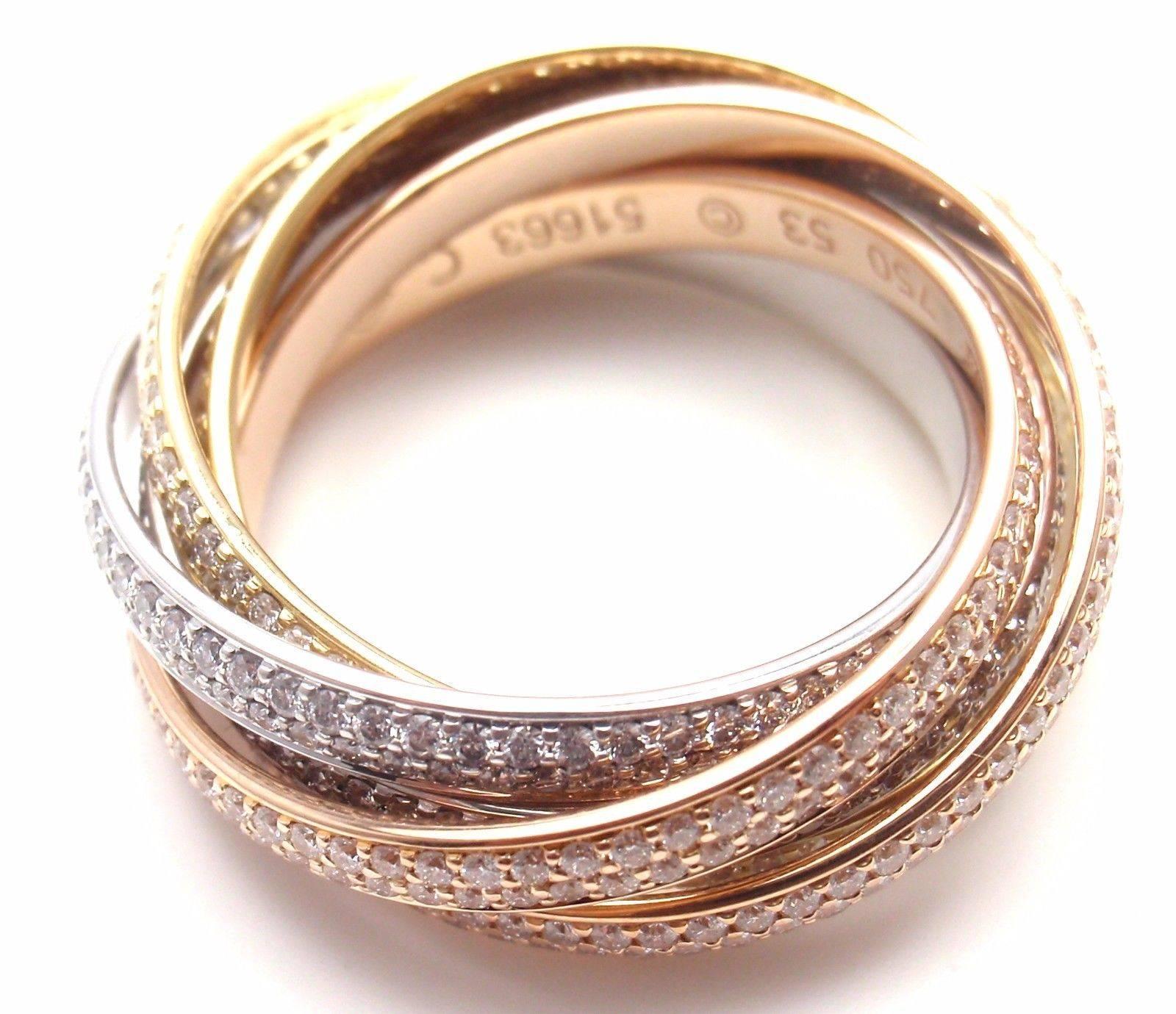 Women's or Men's Cartier Pave Diamond Three-Color Gold Two for Trinity Six-Band Ring
