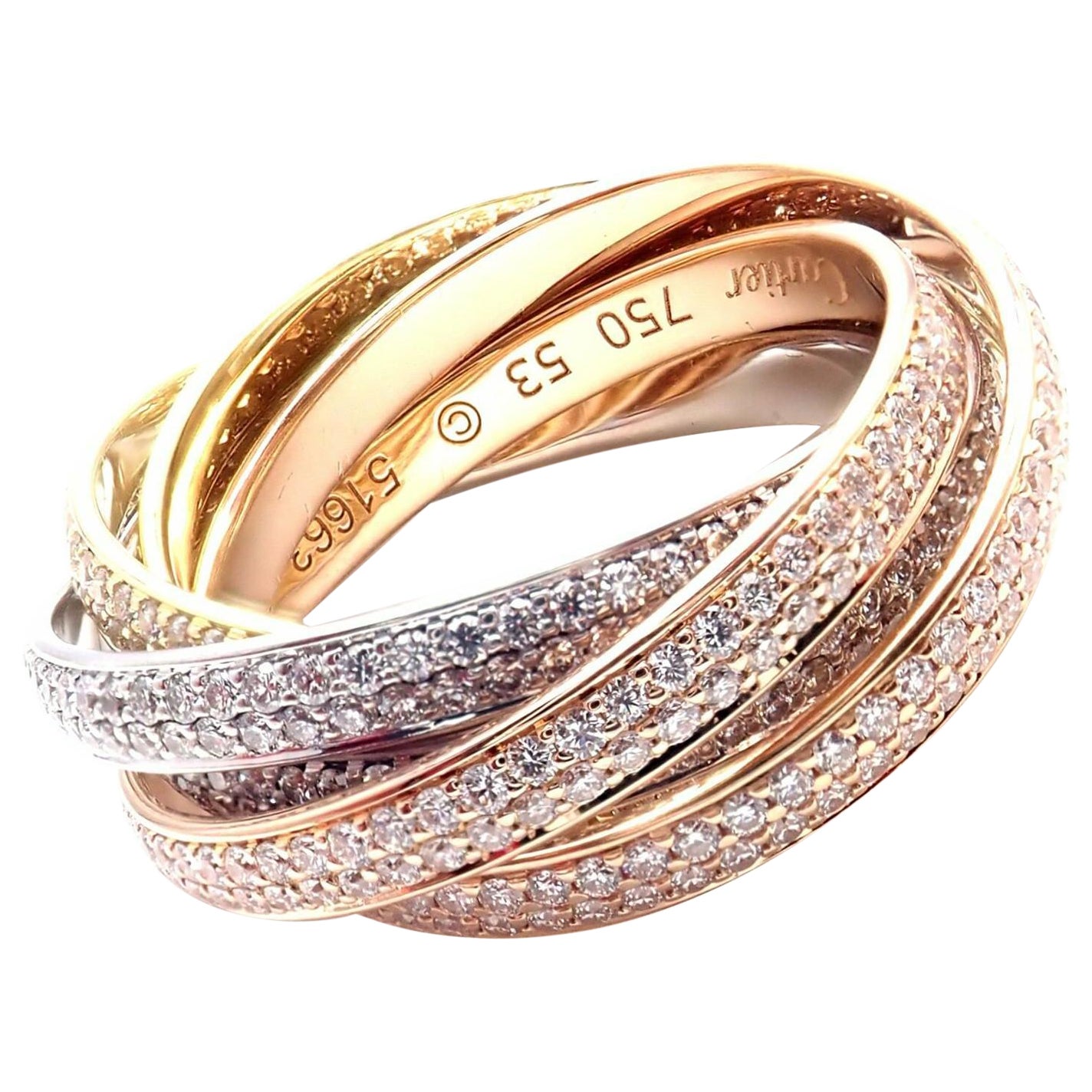 Cartier Pave Diamond Three-Color Gold Two for Trinity Six Band Ring
