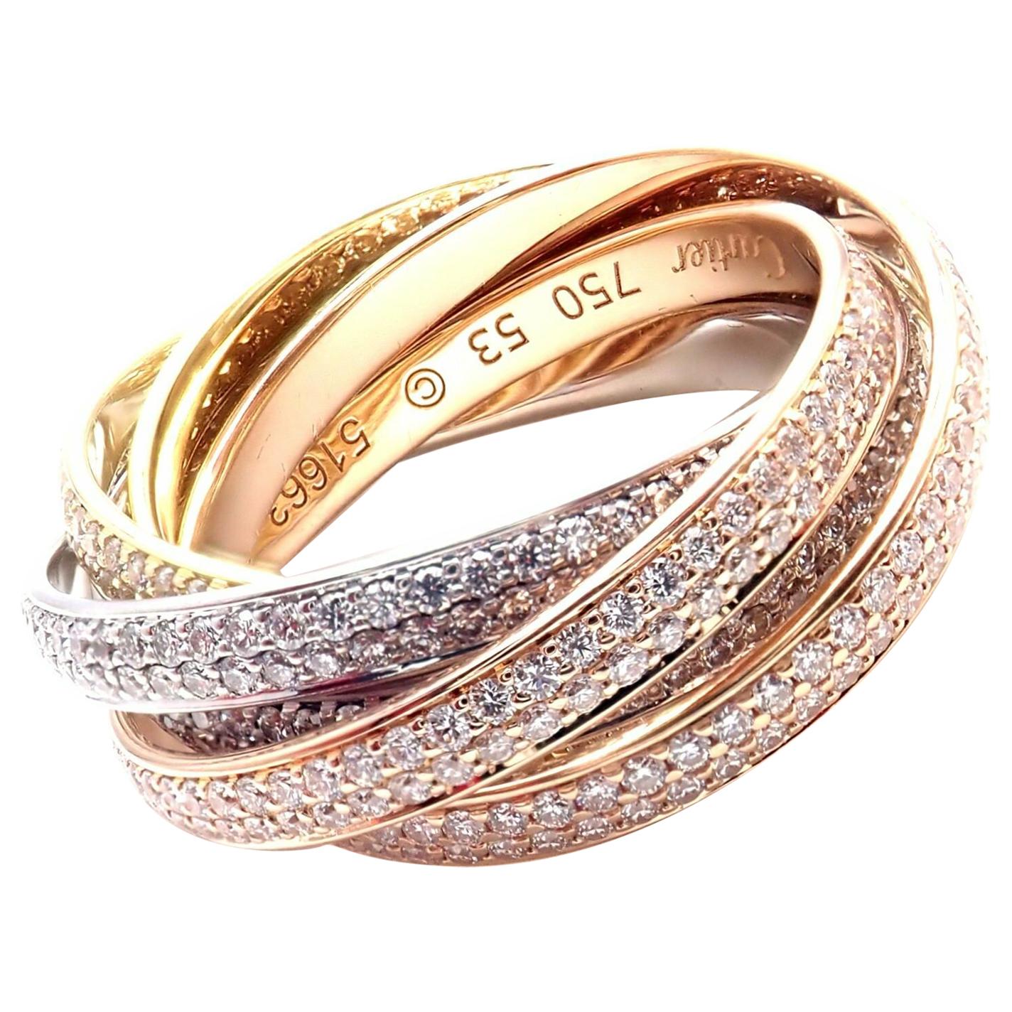 Cartier Pave Diamond Three-Color Gold Two for Trinity Six Band Ring at  1stDibs | cartier three band ring, cartier three ring, cartier triple band  ring