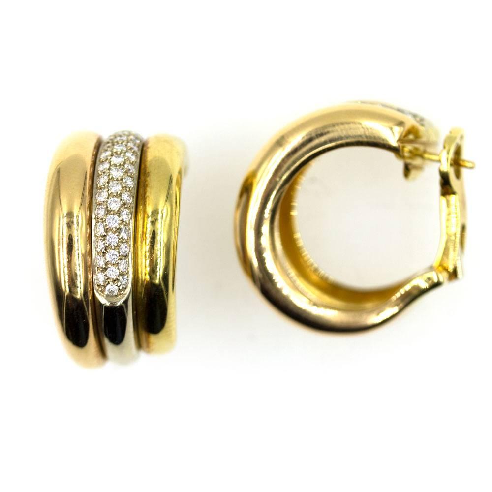 Modern Cartier Pave Diamond Tri-Color 18 Karat Gold Estate Hoop Earrings