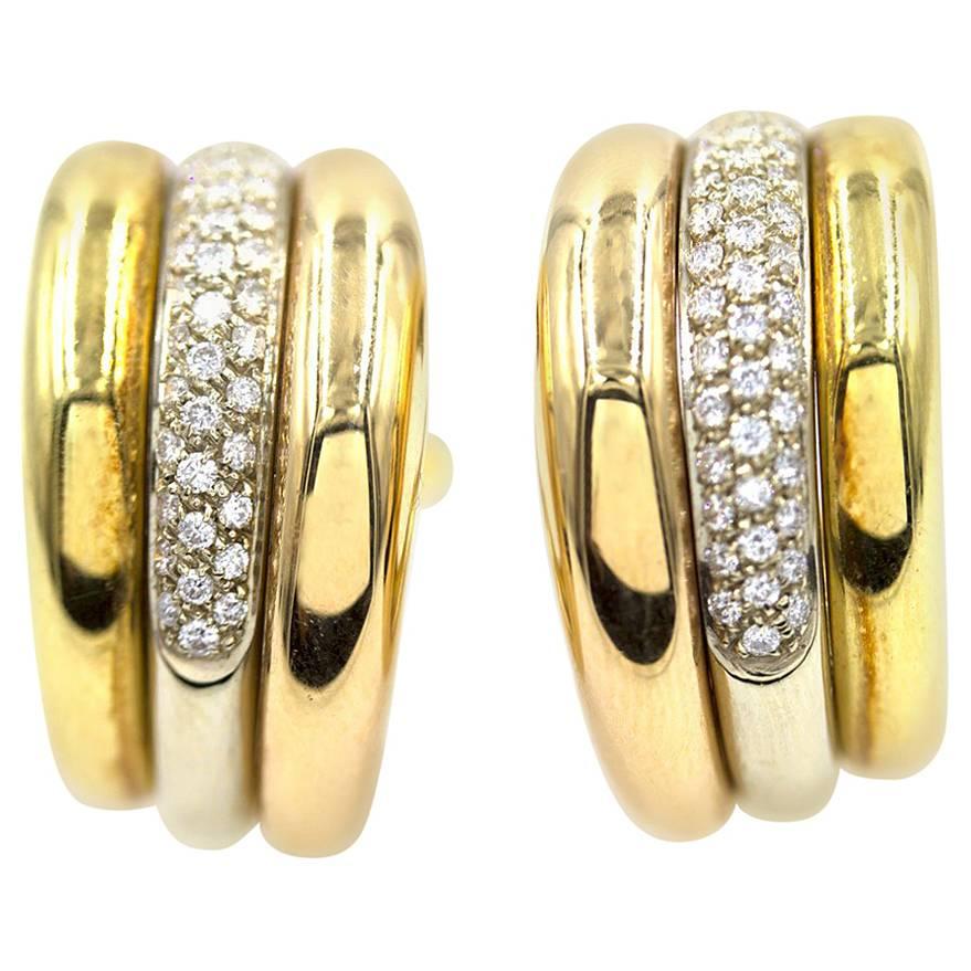 Cartier Pave Diamond Tri-Color 18 Karat Gold Estate Hoop Earrings