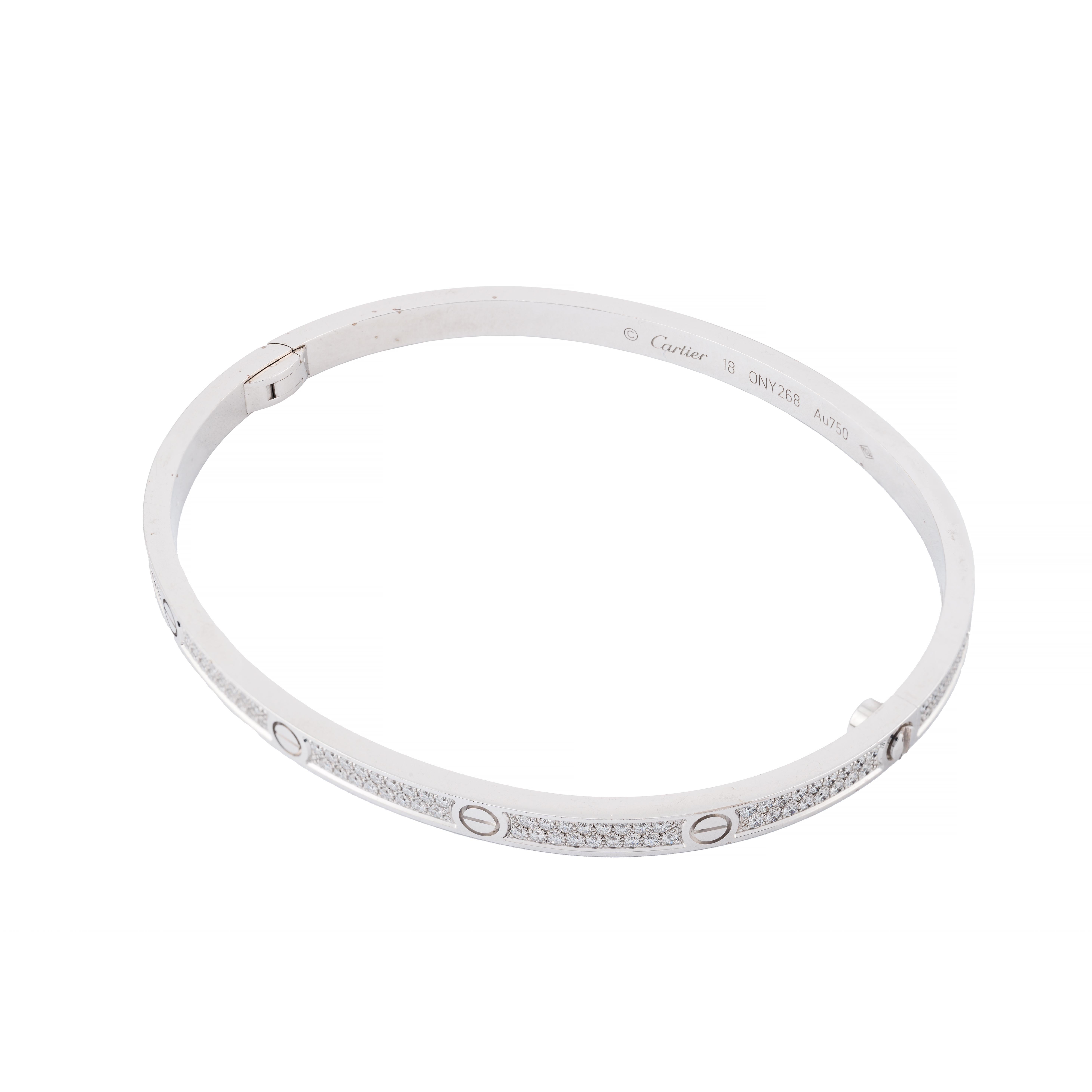 Cartier Pulsera Amor Pequeño Diamante Pavé Oro Blanco 18 Kilates Talla 18 Corte redondo