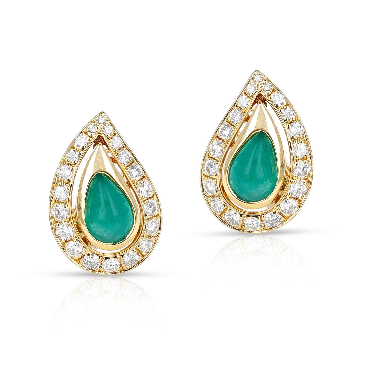 Pear Cut Cartier Pear Shape Emerald with Round Diamond Earrings, 18 Karat Gold