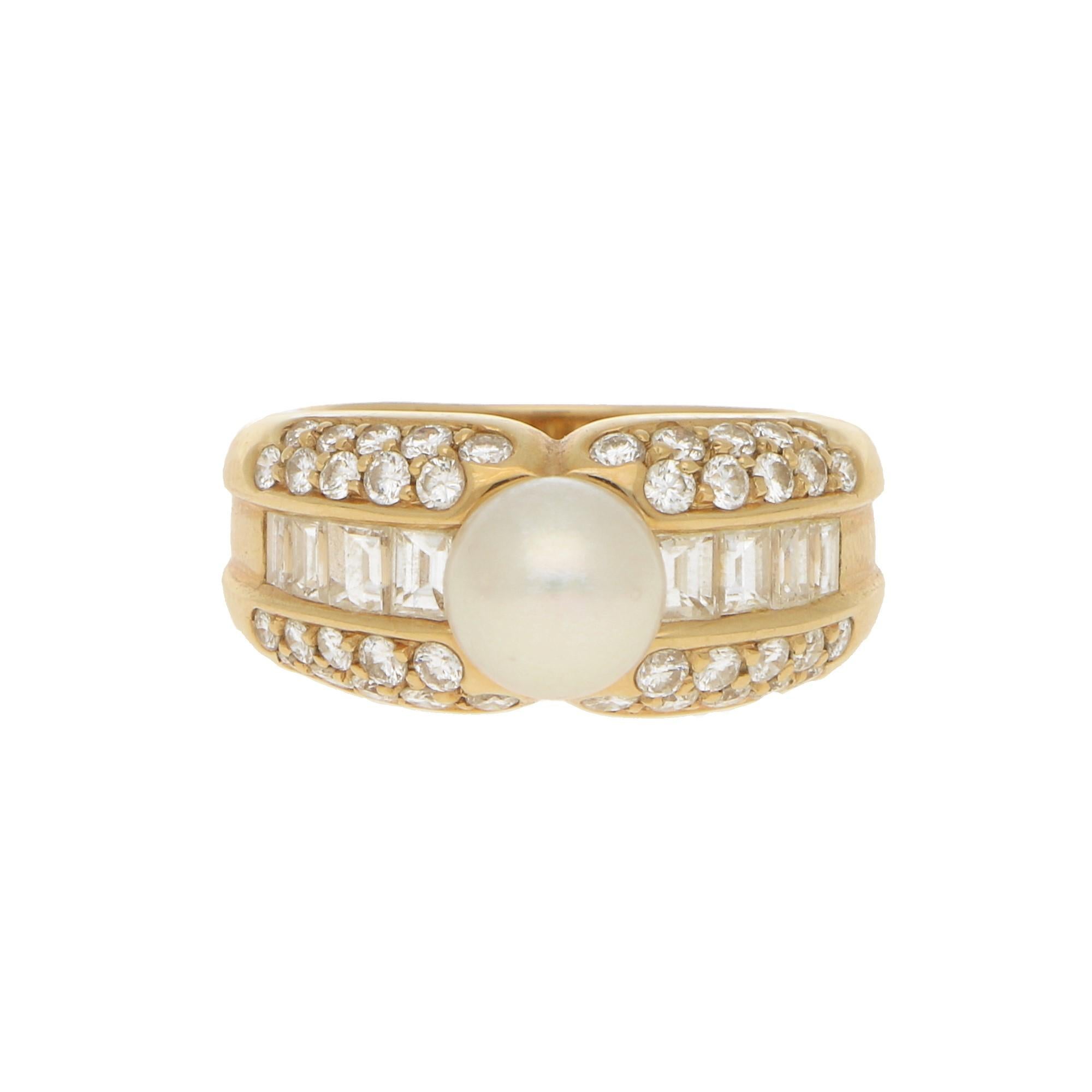 Baguette Cut Cartier Pearl and Diamond Bombe Cocktail Ring in 18 Karat Yellow Gold