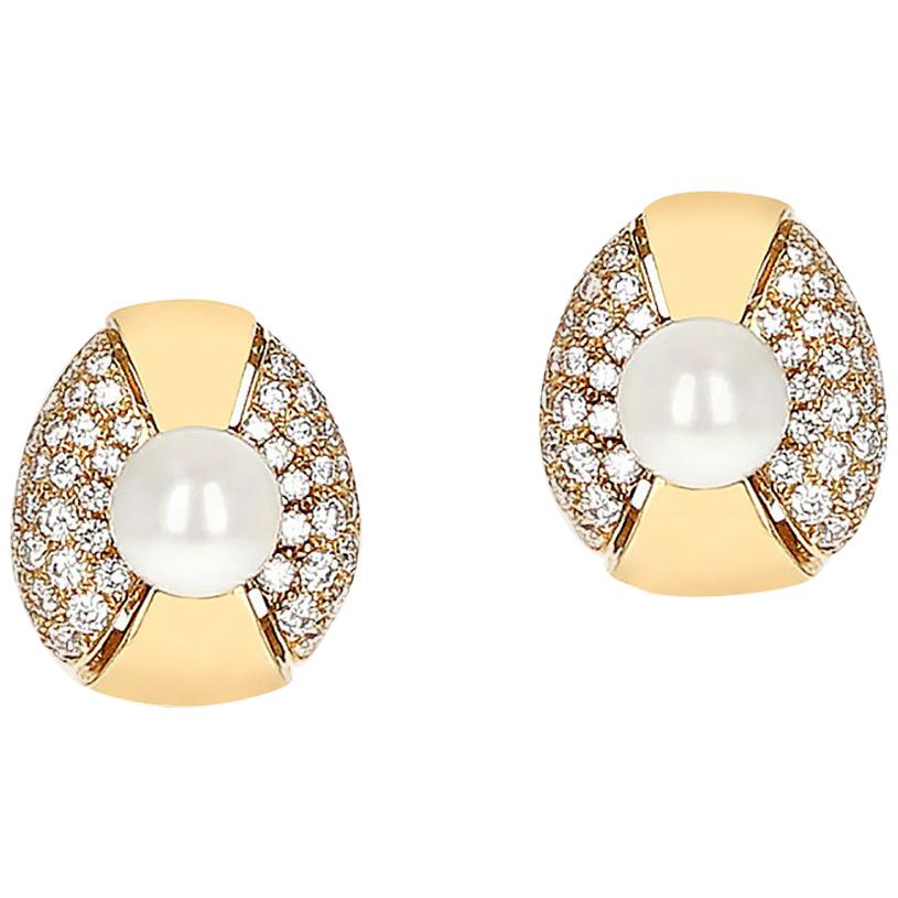 Cartier Pearl and Diamond Oval-Shape Earrings, 18 Karat Yellow Gold