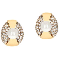 Cartier Pearl and Diamond Oval-Shape Earrings, 18 Karat Yellow Gold