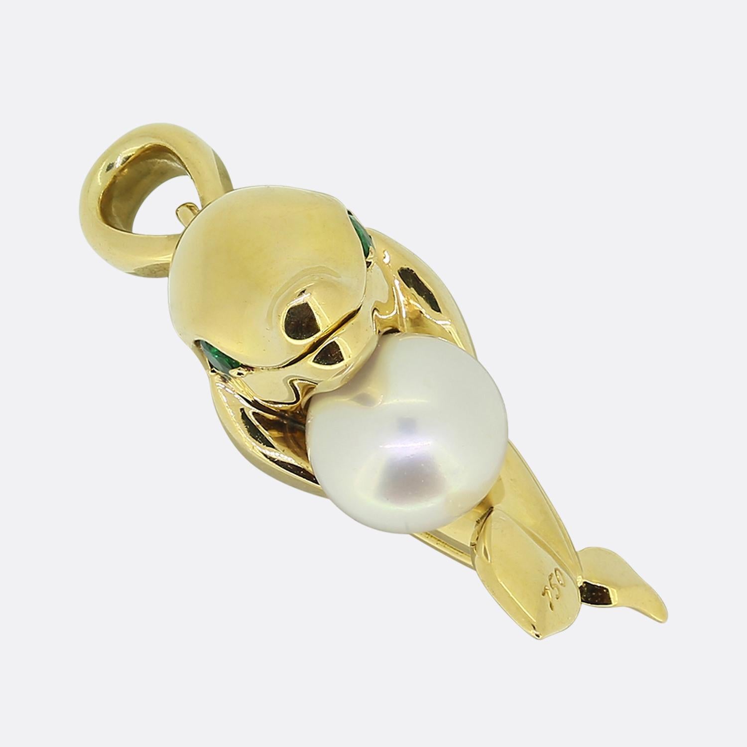 Round Cut Cartier Pearl and Emerald Dolphin Pendant