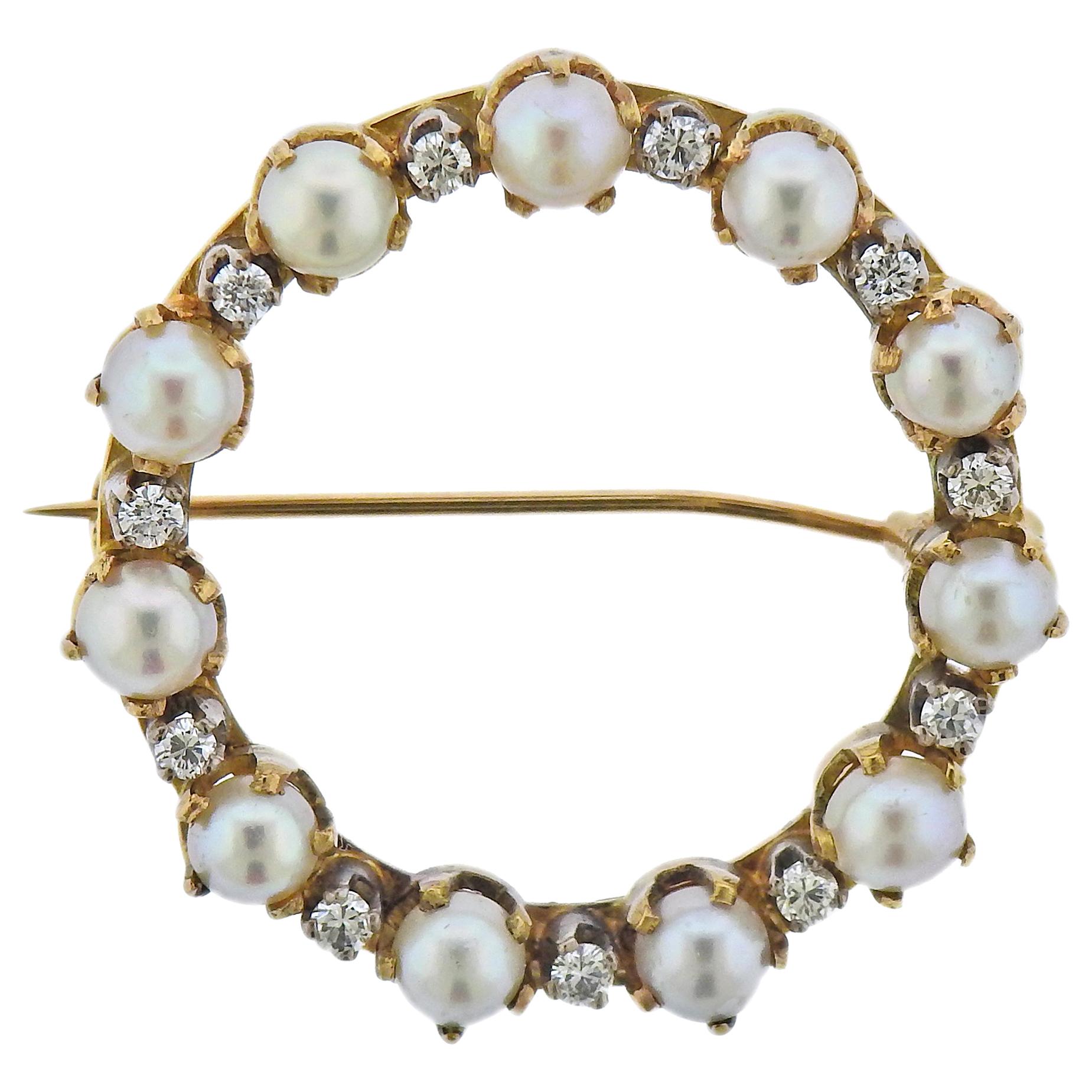 Cartier Pearl Diamond Gold Circle Brooch Pin For Sale