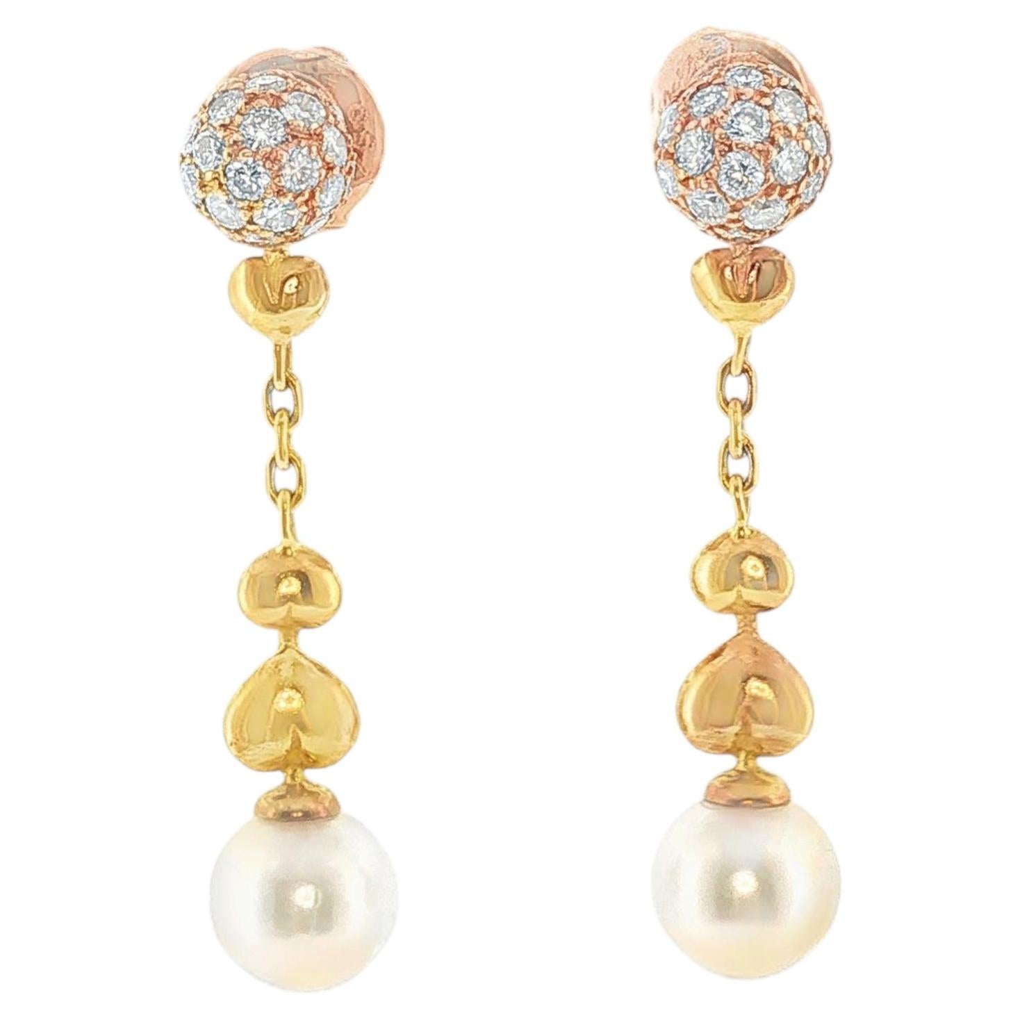 Cartier Pearl Diamond Heart Drop Earrings in 18K Gold For Sale