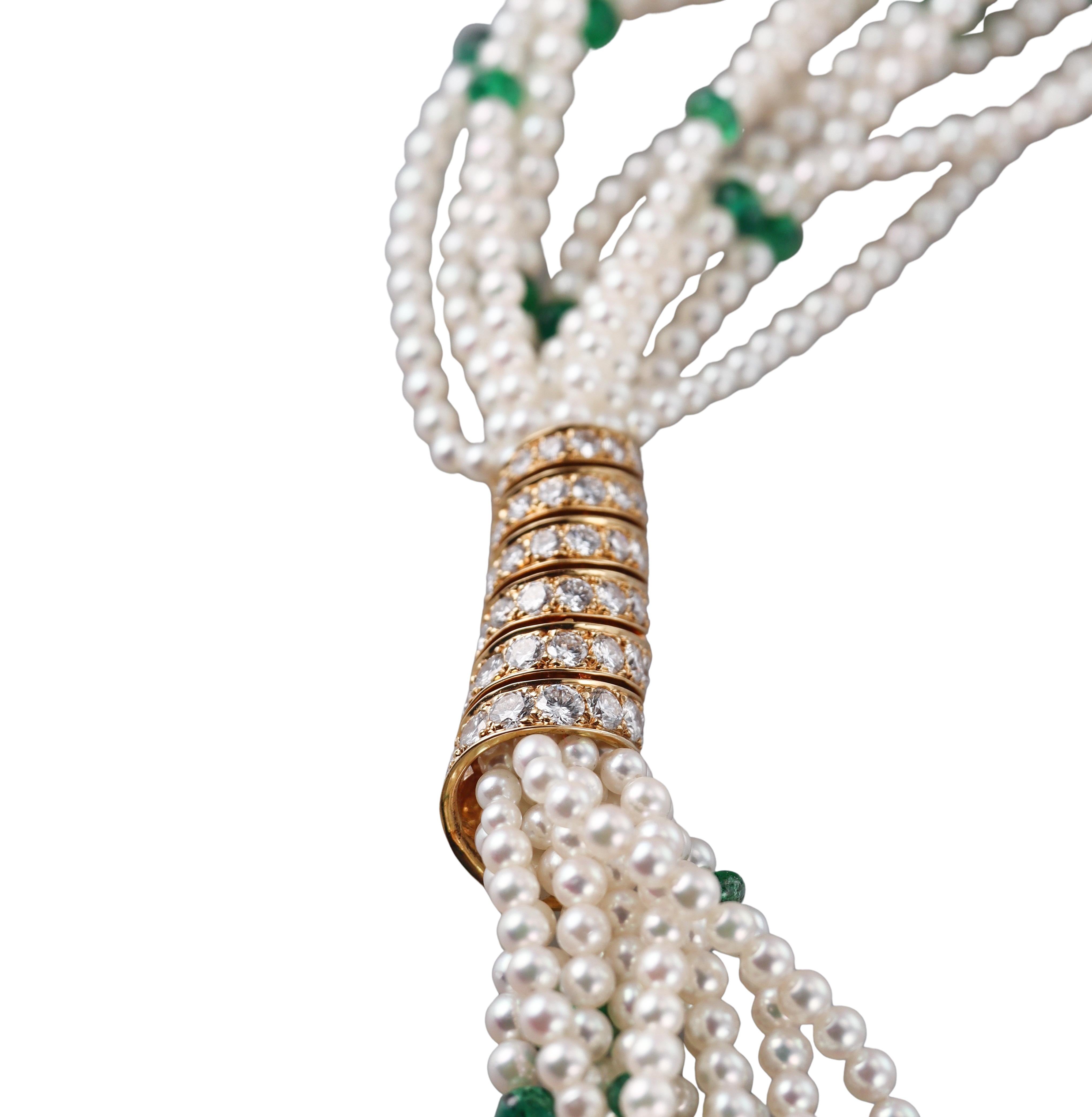 Cartier Mehrreihige Torsade-Halskette, Perle Smaragd Diamant Gelbgold im Zustand „Hervorragend“ im Angebot in New York, NY