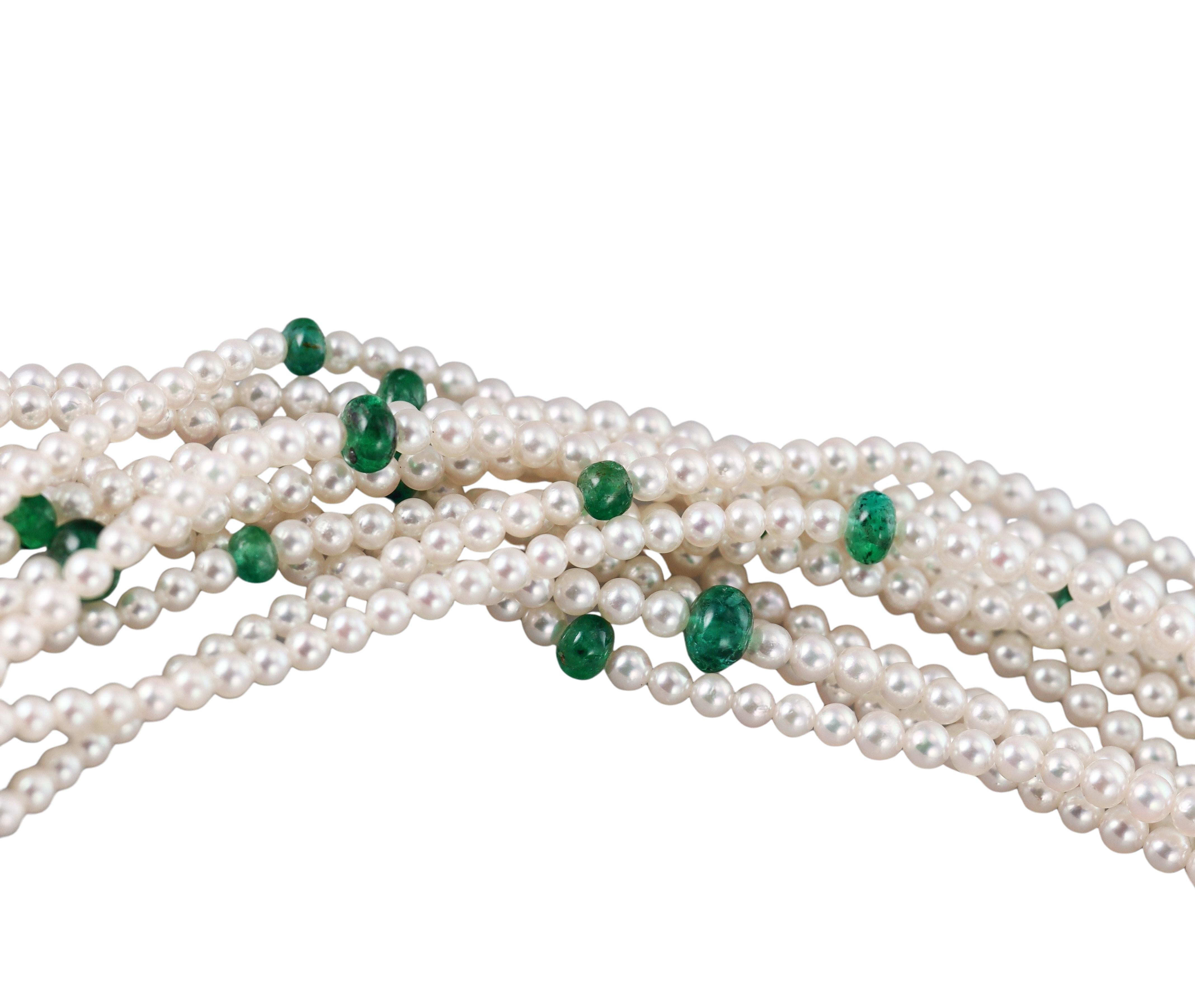 Cartier Mehrreihige Torsade-Halskette, Perle Smaragd Diamant Gelbgold Damen im Angebot