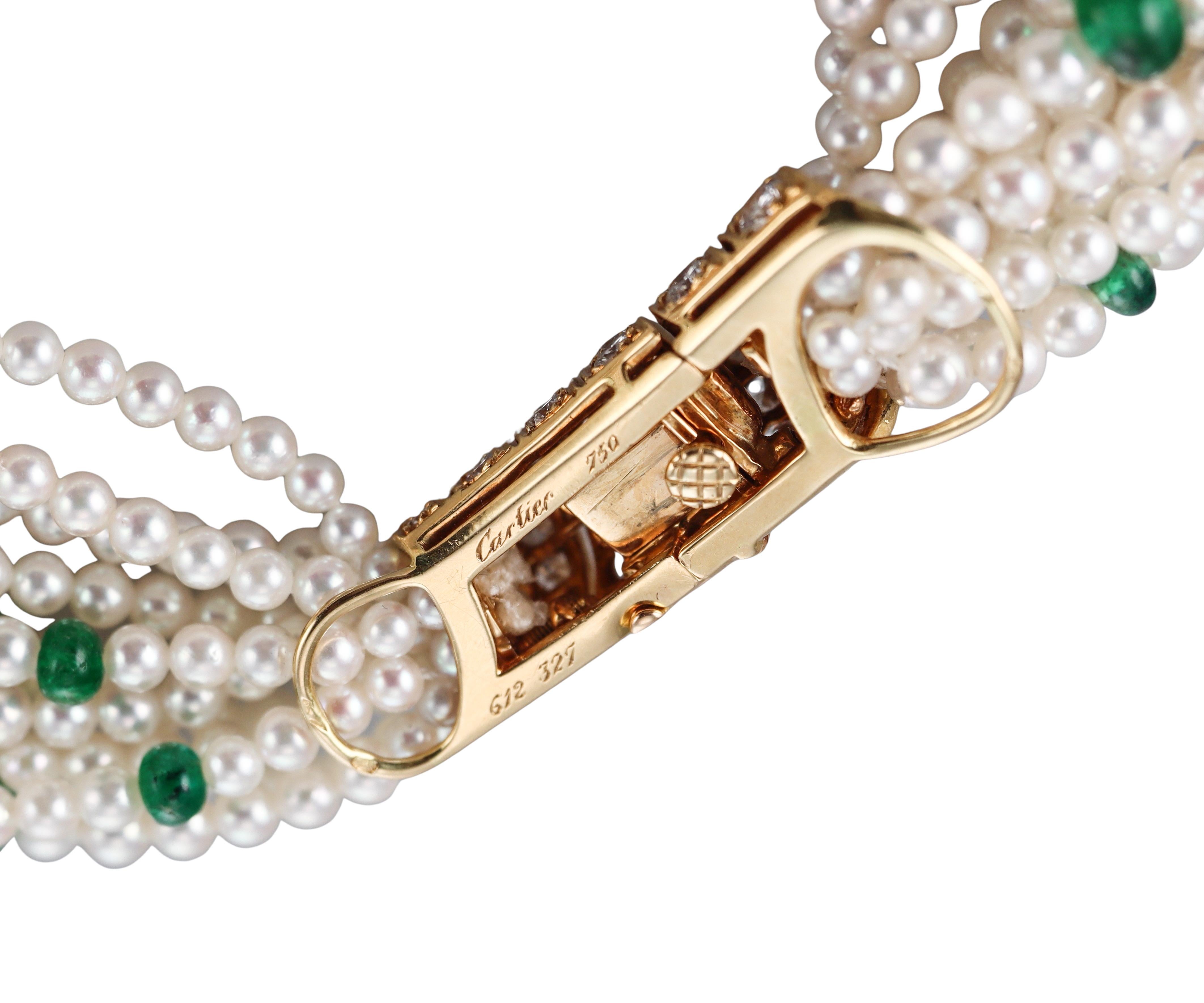 Cartier Mehrreihige Torsade-Halskette, Perle Smaragd Diamant Gelbgold im Angebot 1