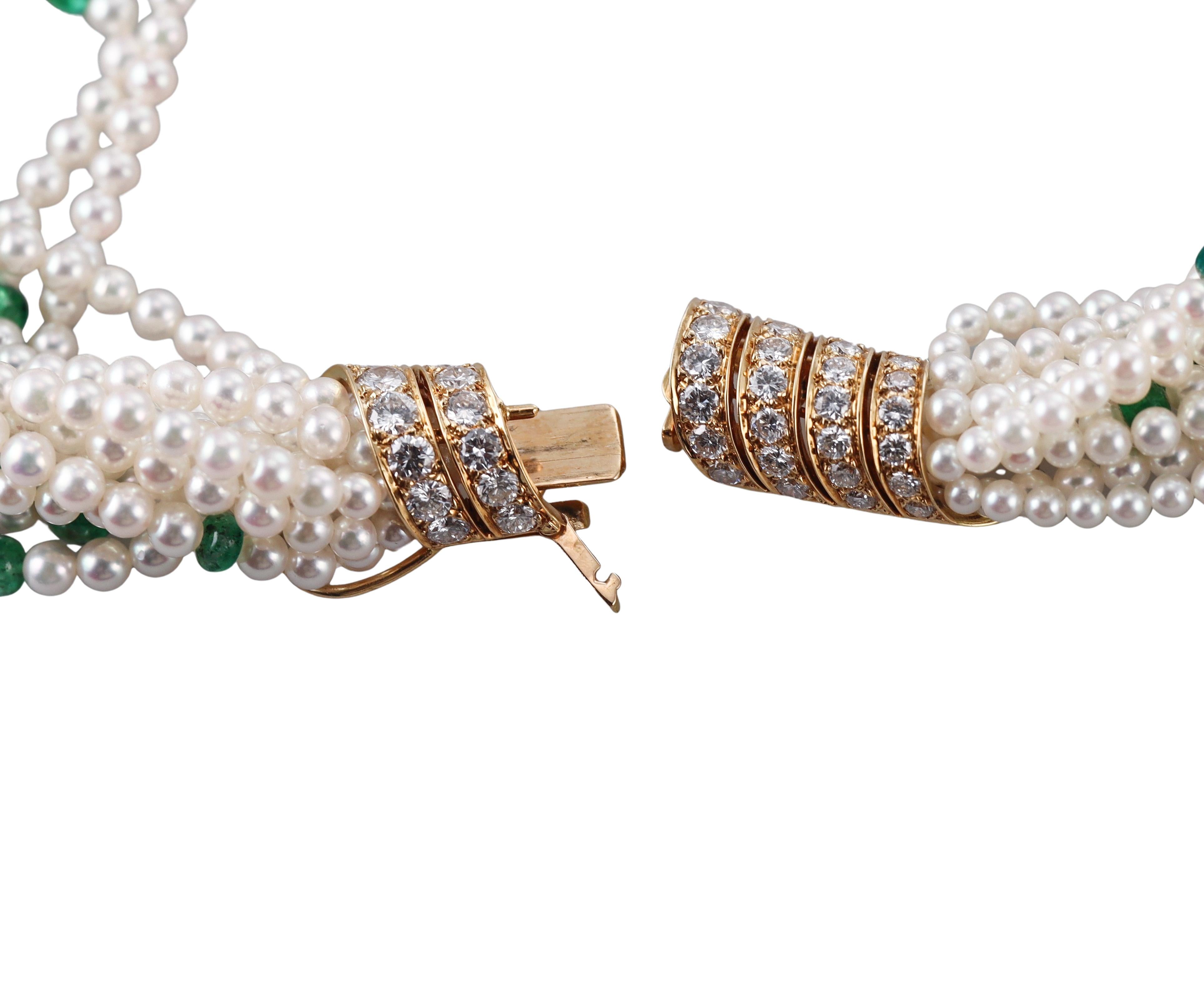 Cartier Mehrreihige Torsade-Halskette, Perle Smaragd Diamant Gelbgold im Angebot 2