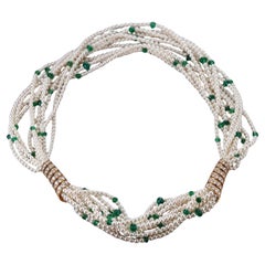 Cartier Mehrreihige Torsade-Halskette, Perle Smaragd Diamant Gelbgold