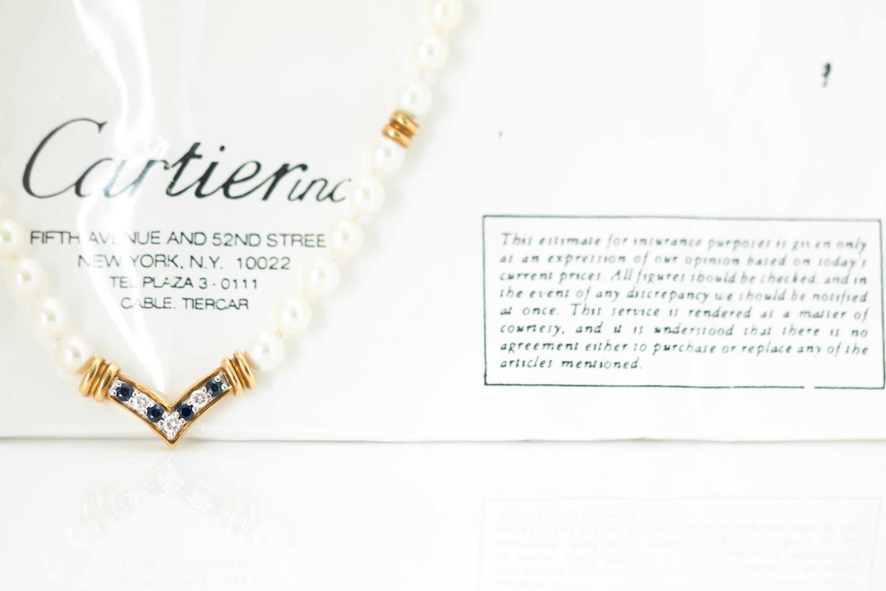 Modern Cartier Pearl Necklace with Sapphires, Diamonds and 18 Karat Yellow Gold