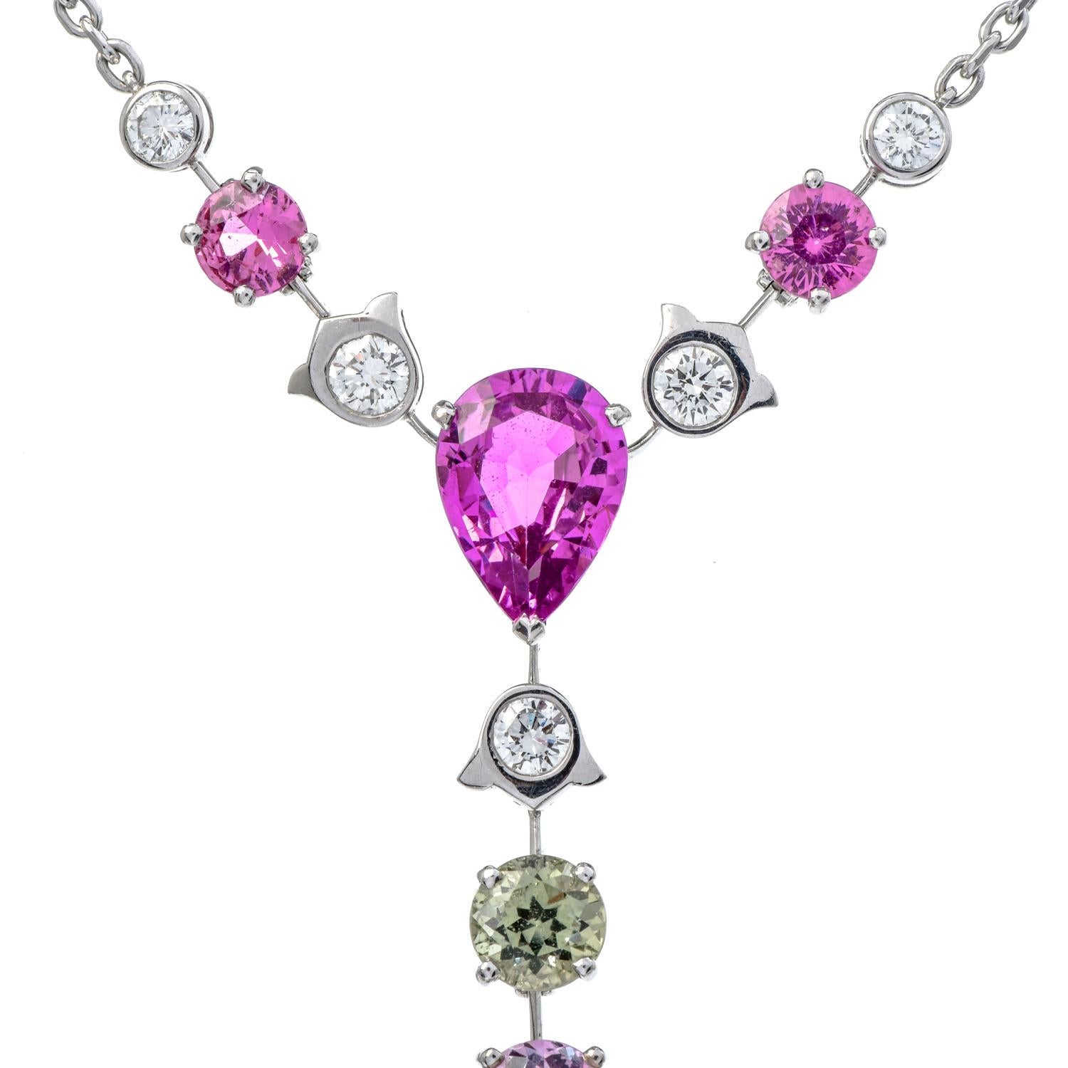 Modern Cartier Pearl Pink Sapphire Diamond Peridot Pendant 18k White Gold Necklace