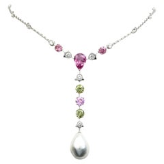 Retro Cartier Pearl Pink Sapphire Diamond Peridot Pendant 18k White Gold Necklace