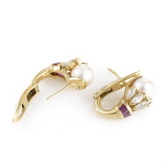 Cartier Pearl Ruby Diamond Yellow Gold Huggie Earrings
