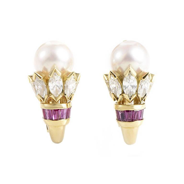 Women's Cartier Pearl Ruby Diamond Yellow Gold Huggie Earrings