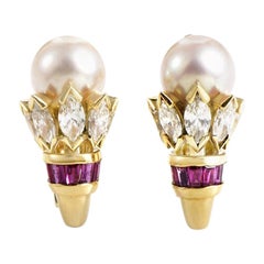 Cartier Pearl Ruby Diamond Yellow Gold Huggie Earrings