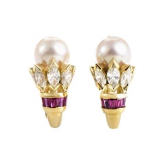 Cartier Pearl Ruby Diamond Yellow Gold Huggie Earrings