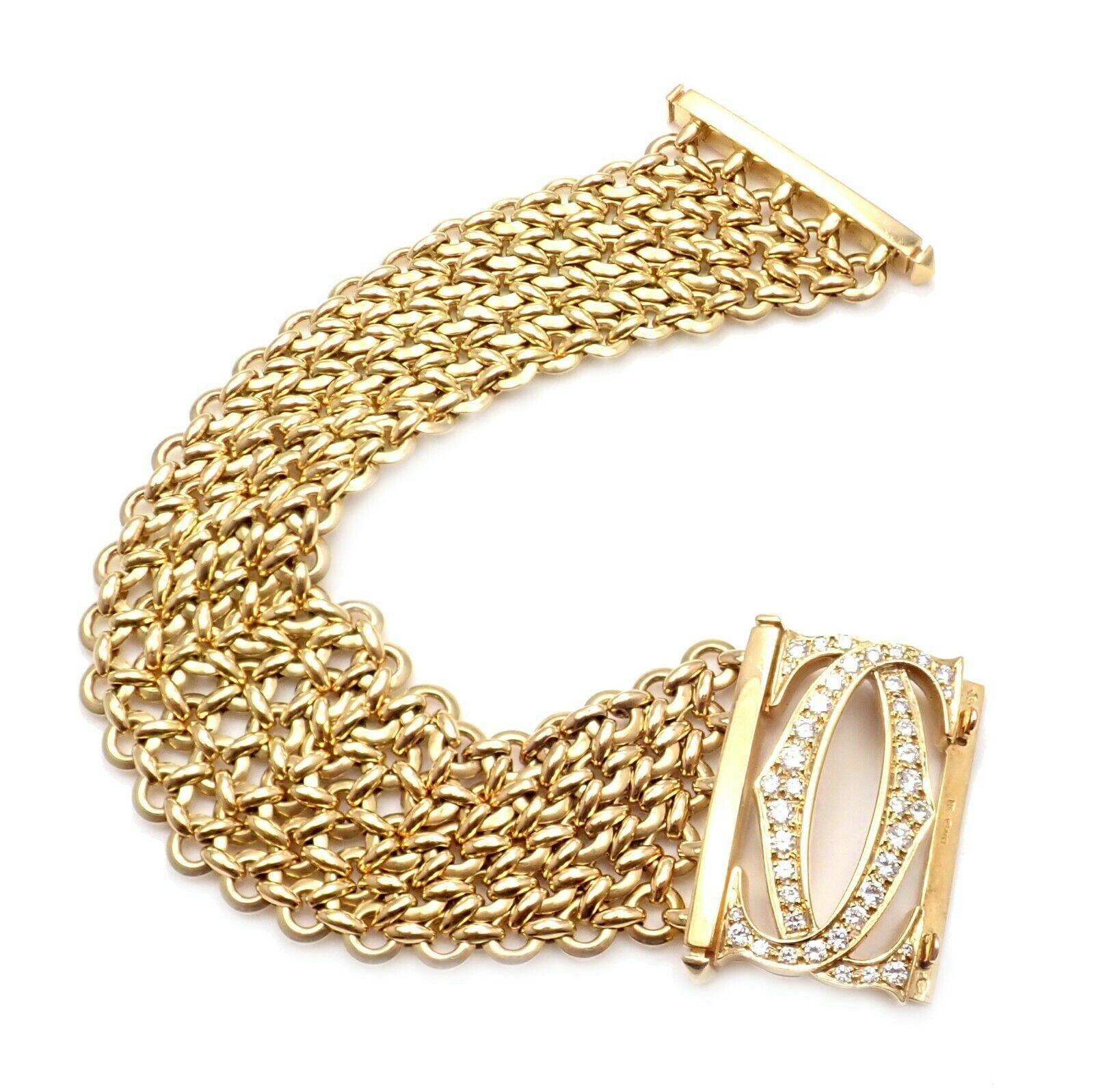 18k Yellow Gold Penelope Double C Diamond Five Row Bracelet by Cartier. 
With 42 round brilliant cut diamonds, VVS1 clarity, F color. Total diamond weight: 1.70ct. 
This stunning bracelet comes with a Cartier box.
Details: 
Weight: 88.4