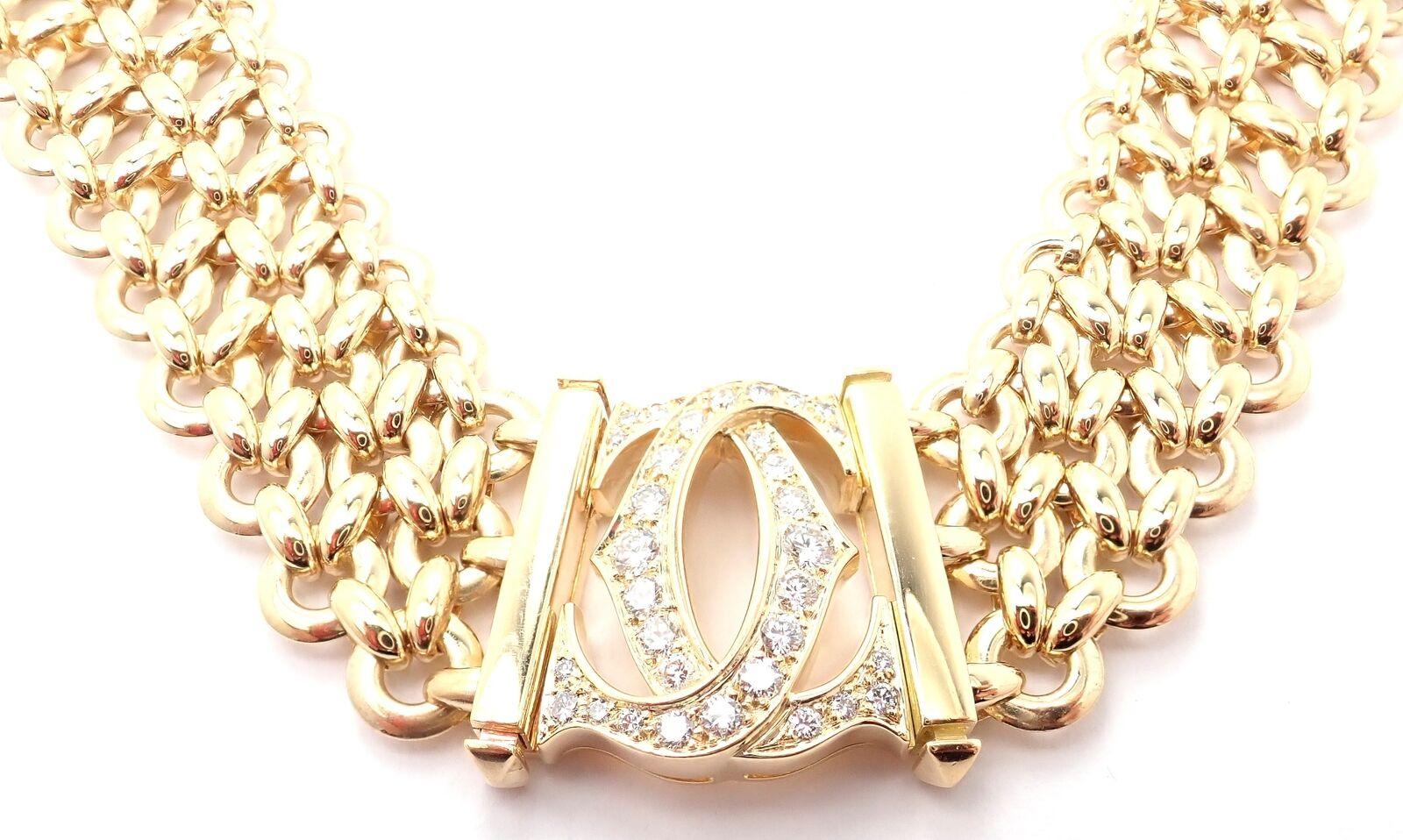 18k Yellow Gold Penelope Double C Diamond Three Row Necklace by Cartier. 
With 16 round brilliant cut diamonds VVS1 clarity, E color total weight approximately .70ct
This stunning necklace comes with a Cartier box.
Details: 
Weight: 132.8 grams
