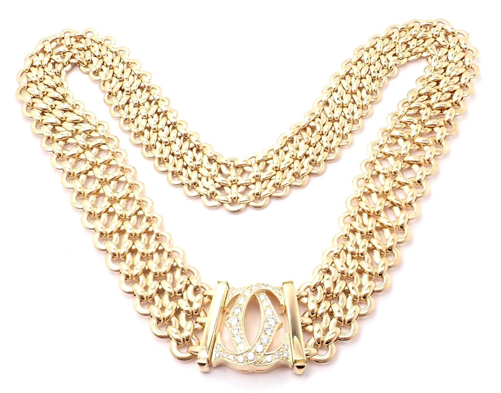 Brilliant Cut Cartier Penelope Diamond Double C Three Row Yellow Gold Necklace For Sale