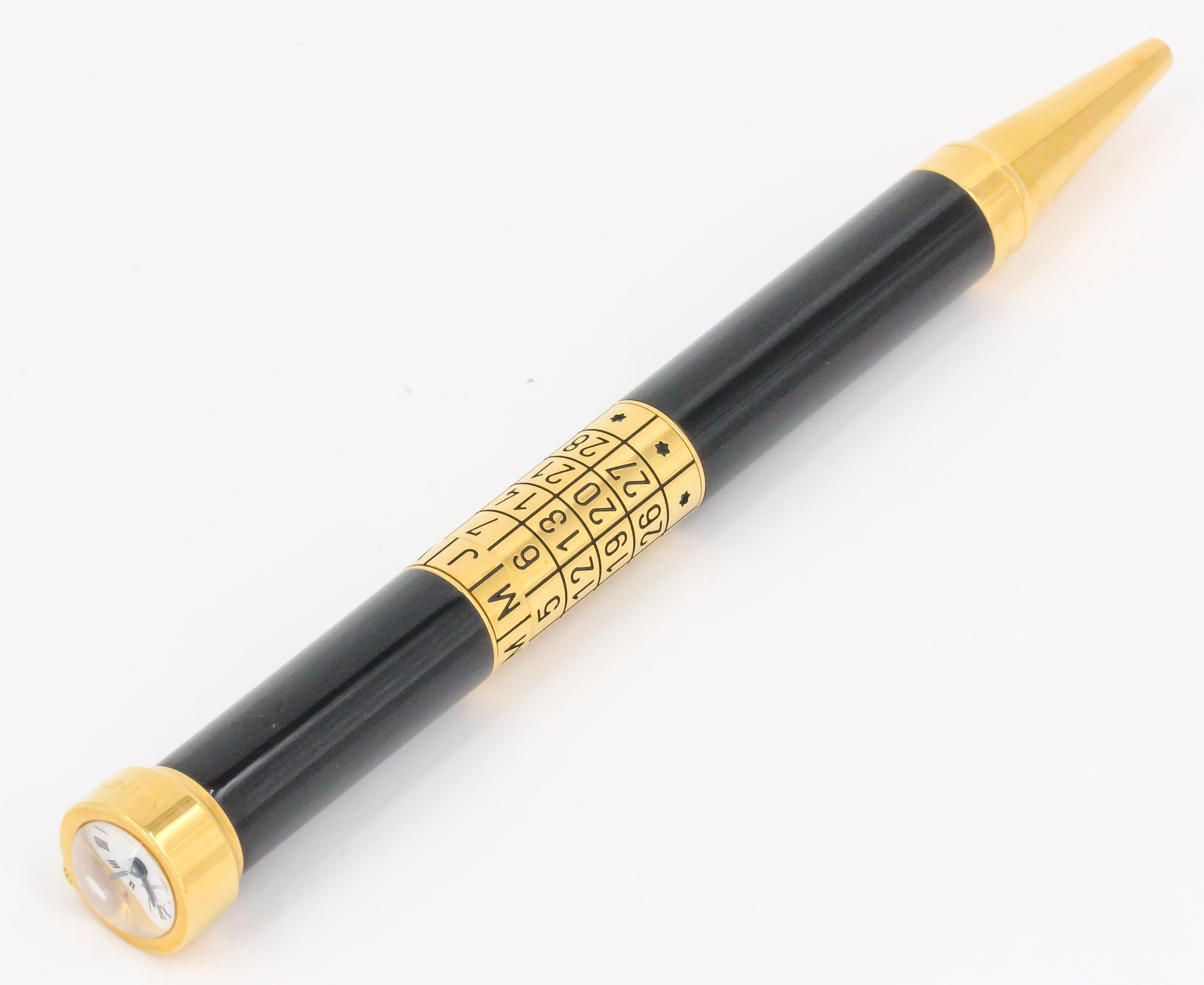 Handsome ballpoint watch and perpetual calendar pen by Cartier. Limited edition #1147 of 2000. Features an adjustable calendar along its main body, as well as a quartz clock on the end, with Roman numerals. Gold plated. Beautifully made, with