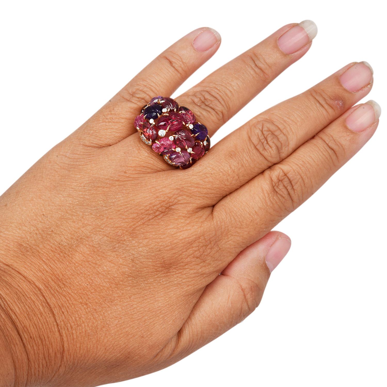 Women's Cartier France Pierrs Gravees Engraved Gems 18k Rose gold Cockatil Ring Size 53
