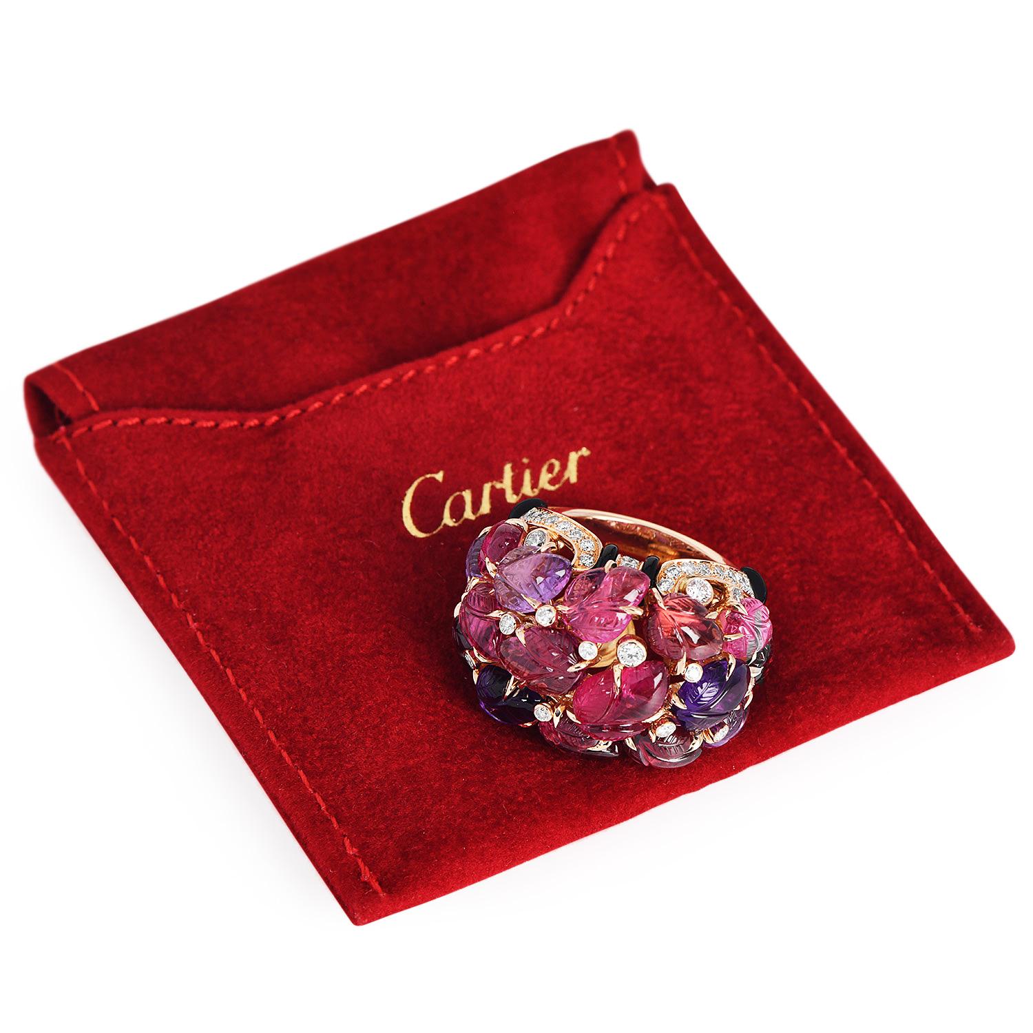 Cartier France Pierrs Gravees Engraved Gems 18k Rose gold Cockatil Ring Size 53 1
